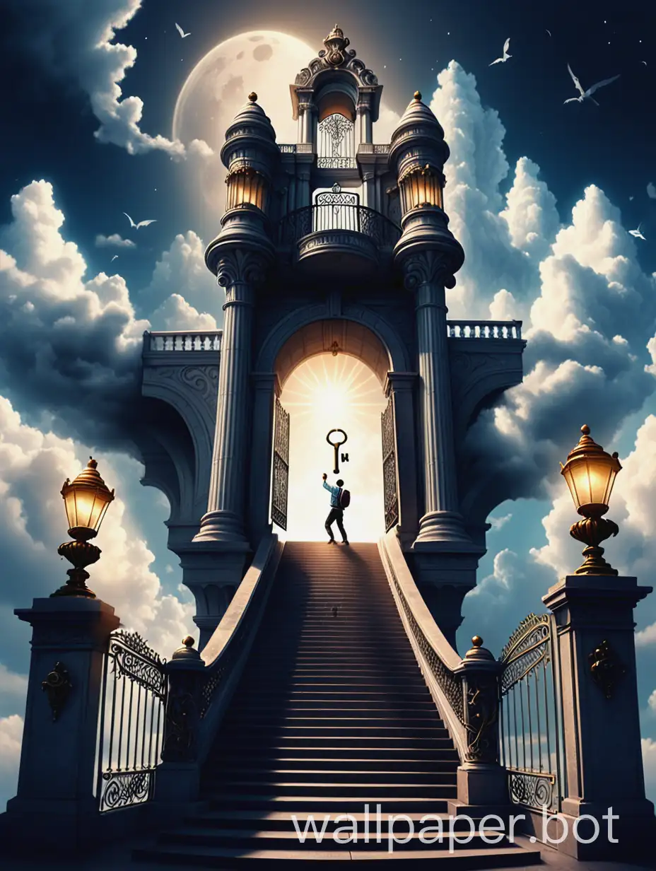 there is a big palace in the sky on which write success, where a staircase is going up, a man climbs this staircase who is carrying a very big key on which write GATE, from dark to light