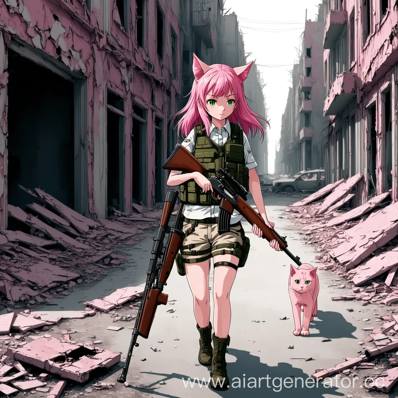 PinkHaired-CatEared-Girl-with-BoltAction-Rifle-Strolling-Through-Abandoned-City