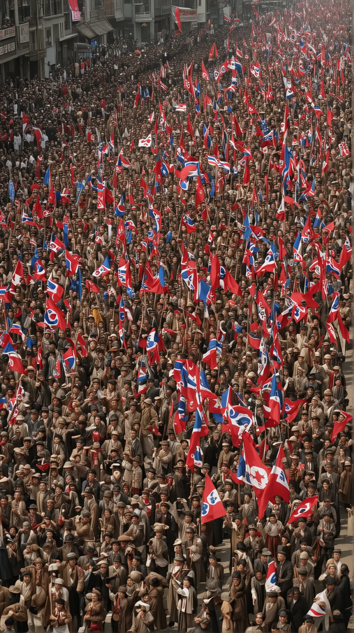 Korean Liberation Celebration Joyous Crowds and Flags of Freedom