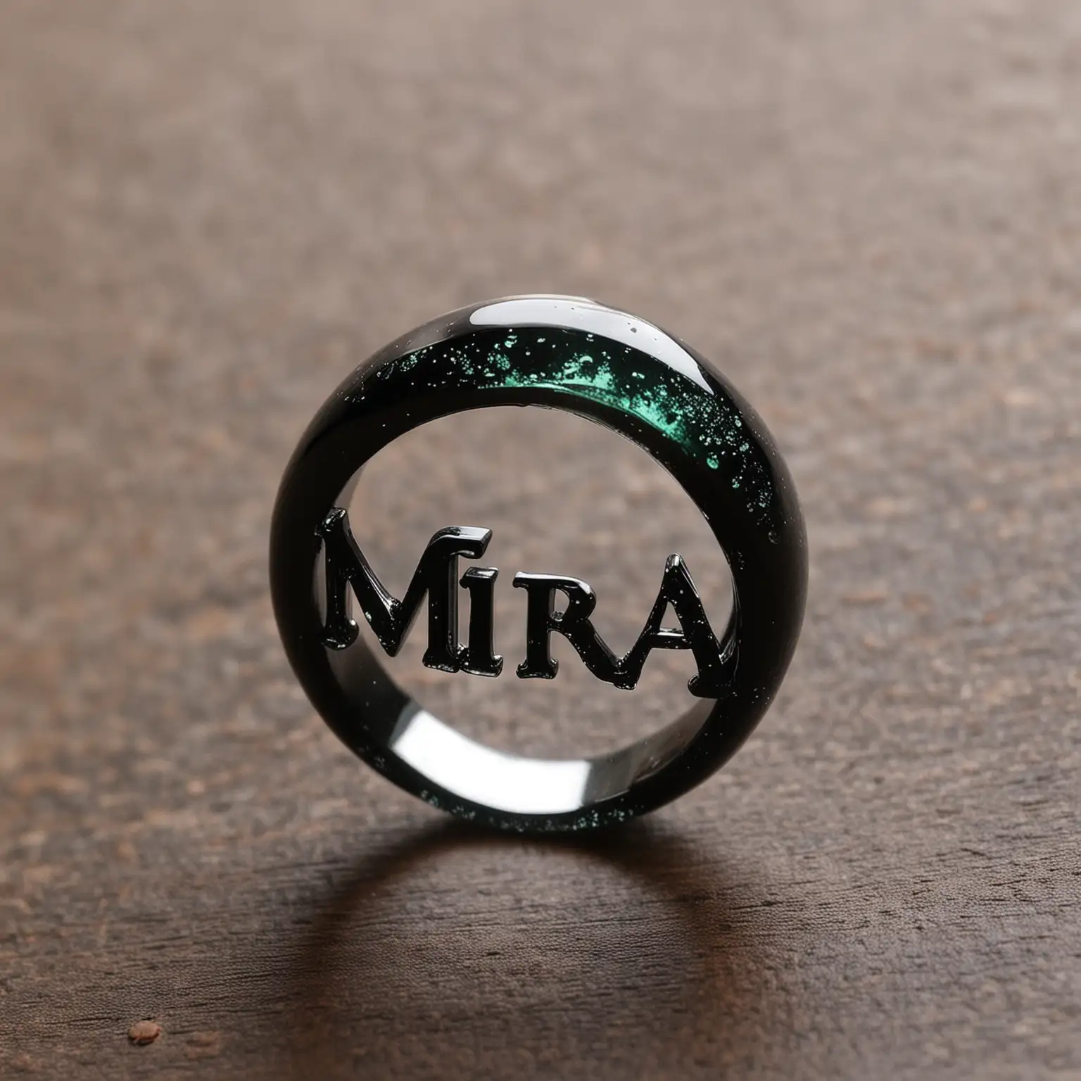 resin ring with this name on it "mira" with dark shadow backgranod for ig