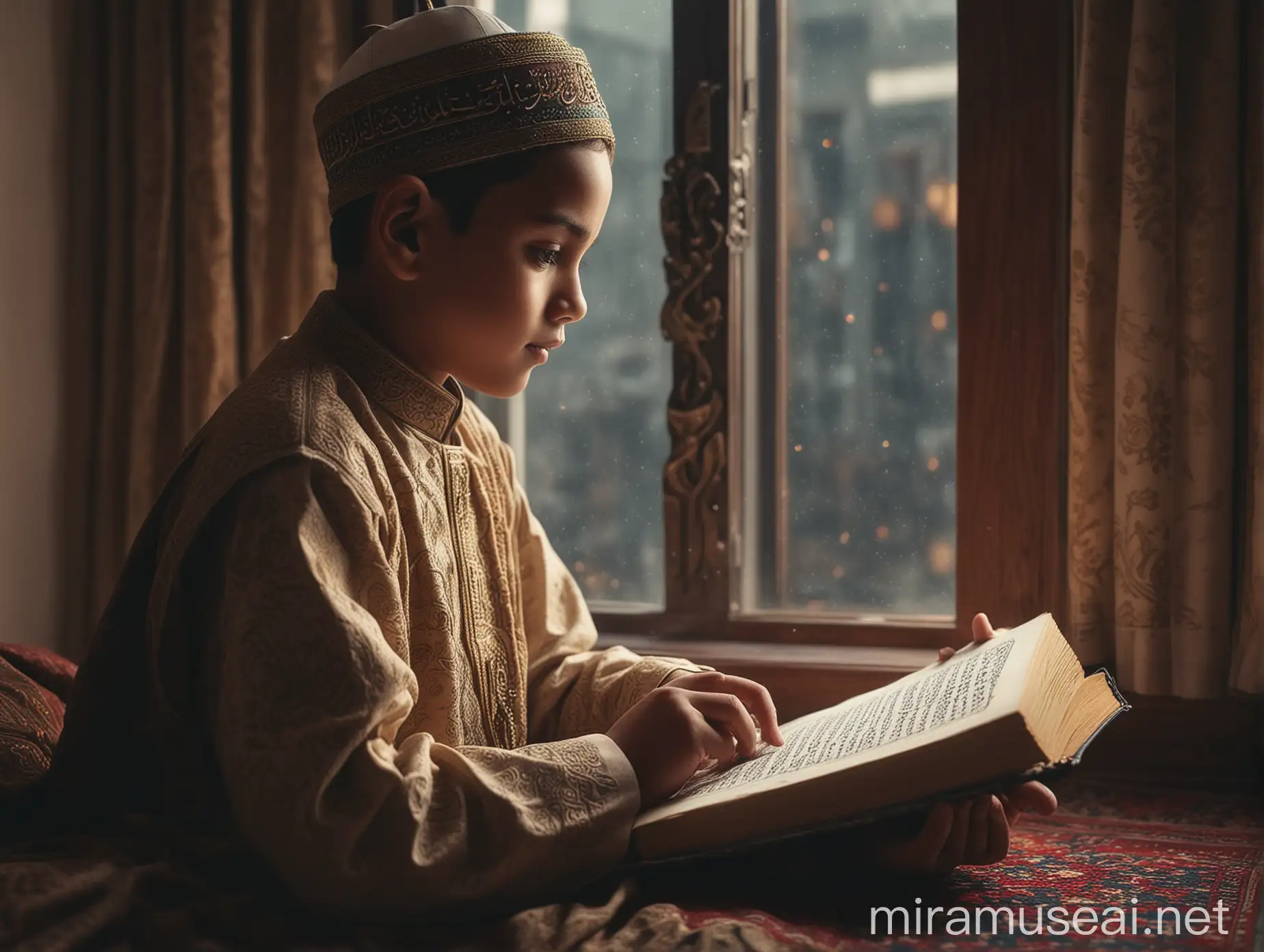 Muslim Child Reading Quran by Window Cinematic Photography with Stunning Detail