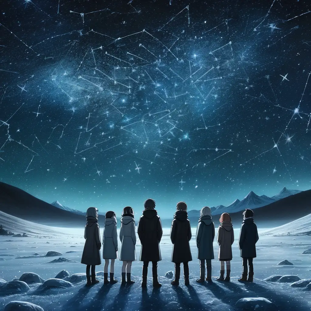 an icy landscape at night with fantastic stars in the sky, an unfolding cosmos in the sky a group of people stand with thier heads turned towards the sky and all of them are wearing blindfolds
