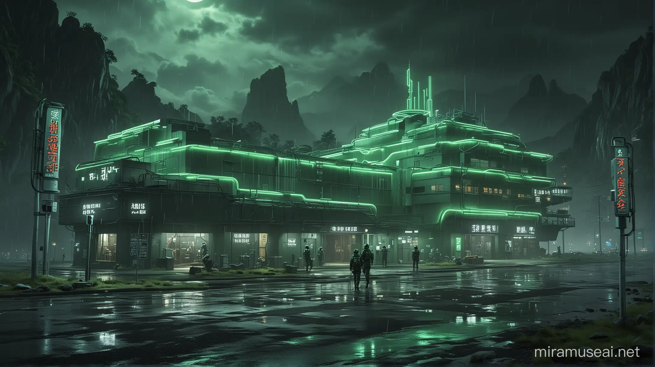 Realistic research centers buildings with one worker around it, green neon and huge neon lights inside the part, its color shadow on the floor, Rainy weather, staff in dark green uniforms and helmets, Atmospheric and cinematic, The huge structures, A dark green smoke rose from the research centers environment and spread in the air, The image space is outside the realistic research center.
with huge satellite antennas,
A huge cubic green neon object,
in the Realistic mountains.
atmospheric and cinematic.
All overall dark green image theme.
Very big lights and lots of green neon lights.
The neon lights in the image should be very bright throughout the image.
The neon lights in the picture should be very bright in the dark
The neon lights in the picture should be very bright.
Very large and bright neon lamps in the structure.
Shades of green throughout the image.
3D.
Several large advanced and strange buildings nearby.
With large Japanese inscriptions on the structure.