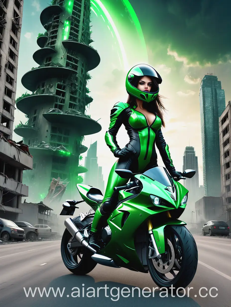 Большой живой зелёный мотоцикл, свечение вокруг спортбайка, живые светящиеся фары, огромный зелёный спортбайк, живой мотоцикл из космоса, тёмноволосая красивая девушка стоит рядом в кожаном костюме в мотоциклетном шлеме, в полный рост, летающая тарелка в небе, дорога, разрушенный город, небоскрёбы, апокалипсис, катастрофа, в полный рост