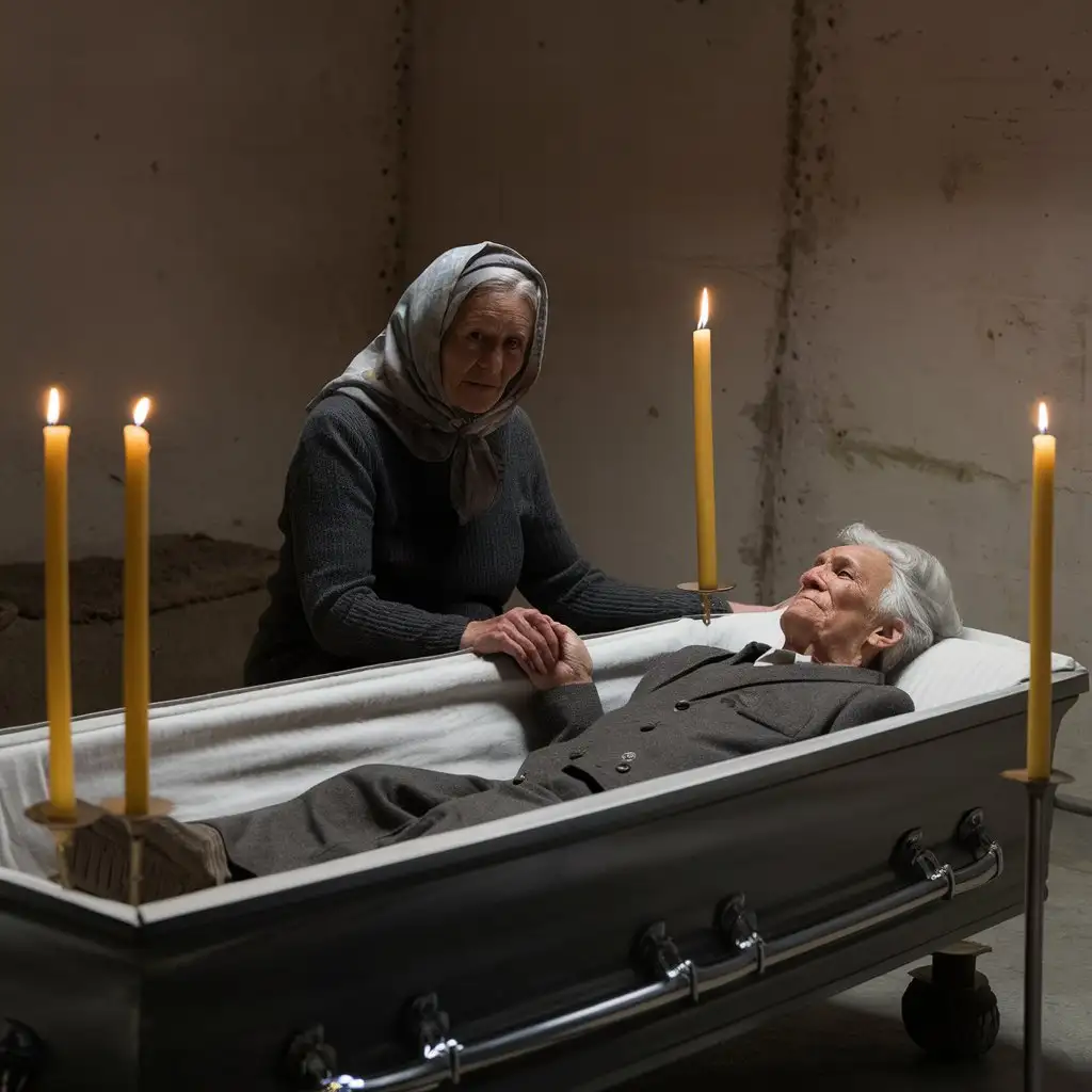 A realistic photo showing a simple, minimalist room where an open coffin stands. In the middle of the coffin lies an elderly man, the husband of a woman, a woman who sits next to the coffin She is older, has a headscarf on her head, and holds his hand. On either side of the coffin are four long, lit candles - two against the head and two at the feet. The room is rugged and subdued, with distinct contours of characters and objects, no unnecessary details, but the whole thing has a humorous character.