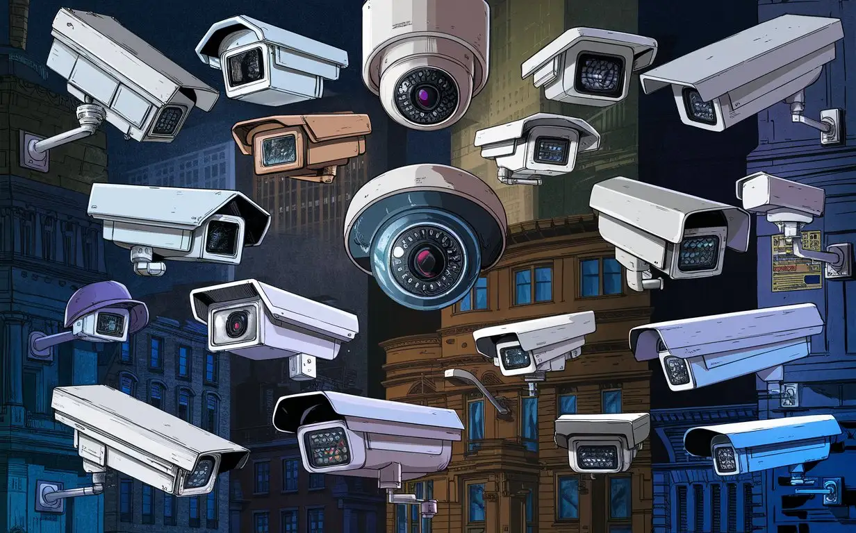 Draw a sketch dump with different surveillance cameras from different perspectives.