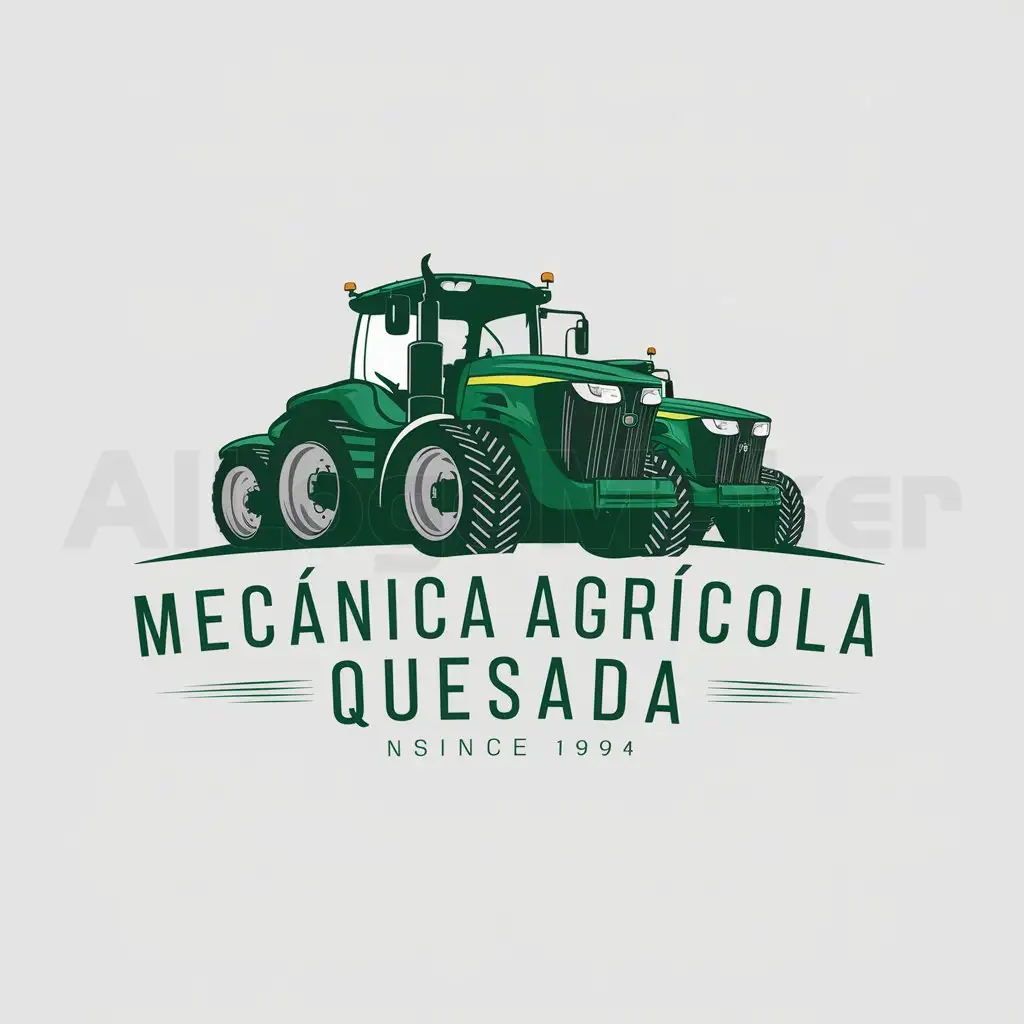 a logo design,with the text "Mecánica Agrícola Quesada.nSINCE 1994", main symbol:UN TRACTOR AGRÍCOLA COLOR VERDE MARCA: JONH DEERE,complex,be used in Agriculture industry,clear background
