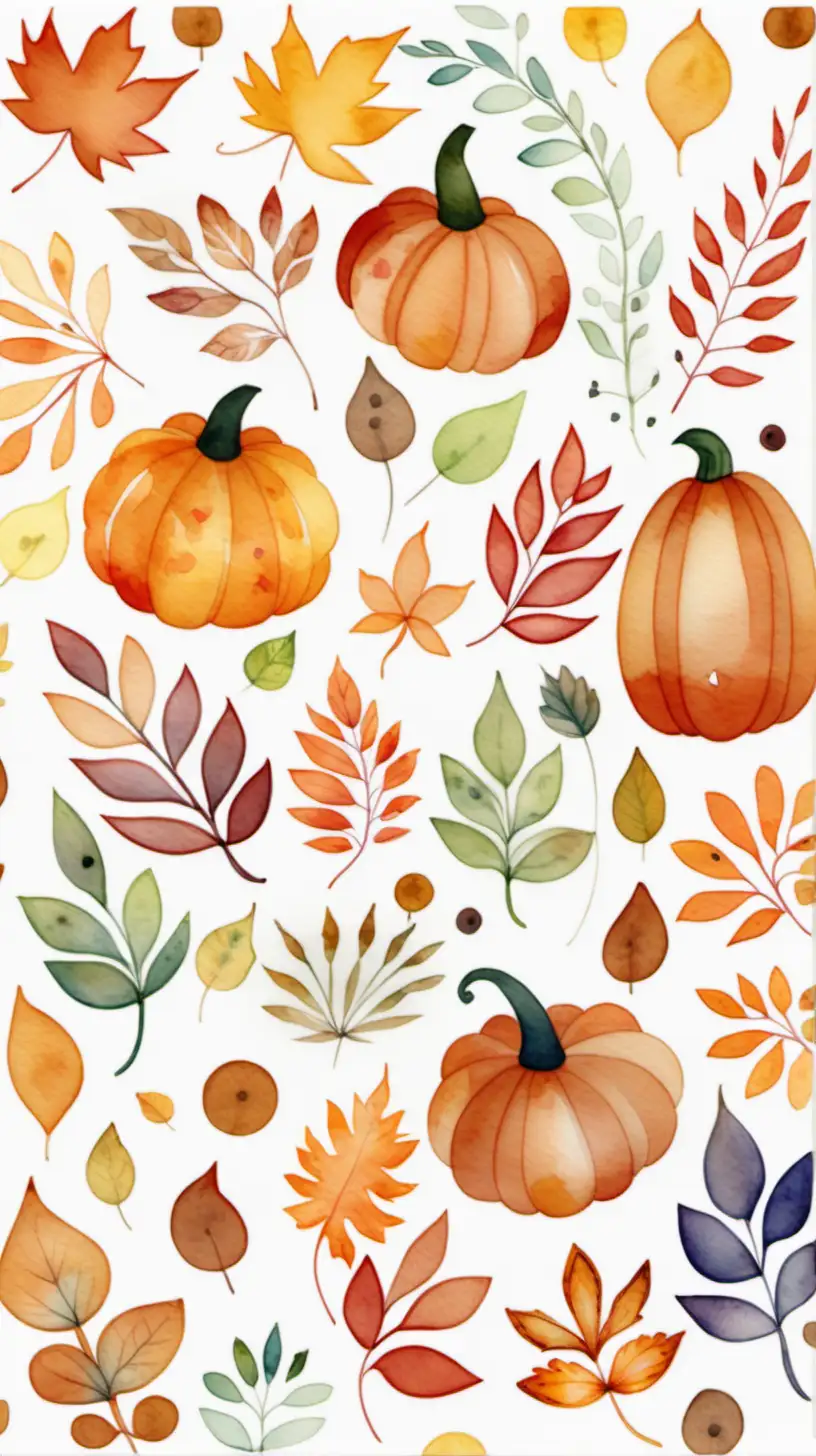 create a random pattern using fall leaves, pumpkins and flower, folk art watercolor, white background