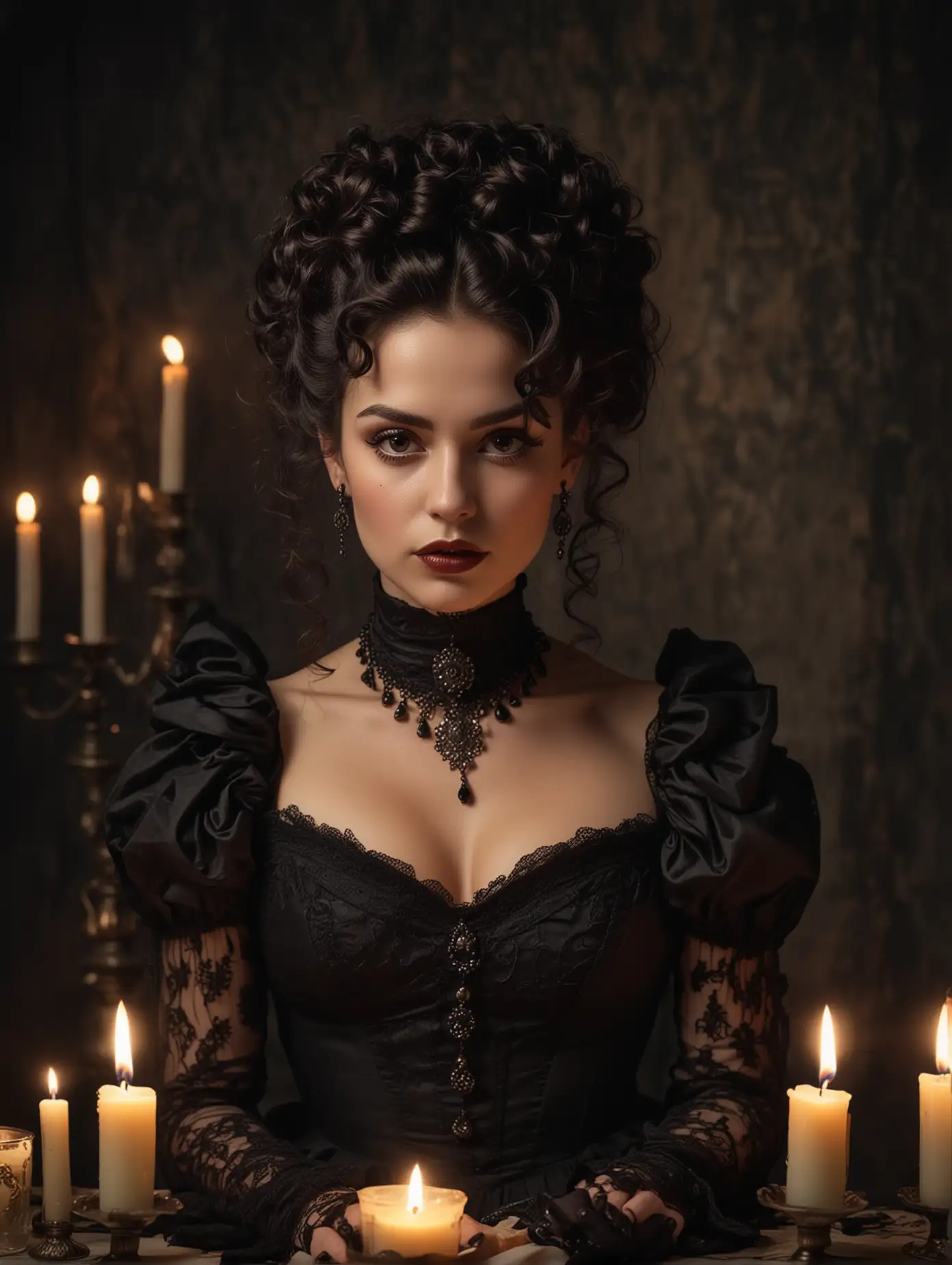 Beautiful Victorian era woman portrait, small nose, full lips, dark curly hair in voluminous updo, dark jewelry, lit candles surrounding her, vintage goth vibe,