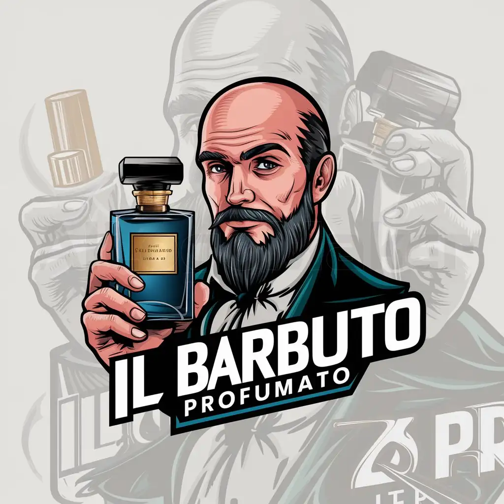 a logo design,with the text "Il Barbuto Profumato", main symbol:bald and bearded man and a bottle of parfum,Moderate,clear background