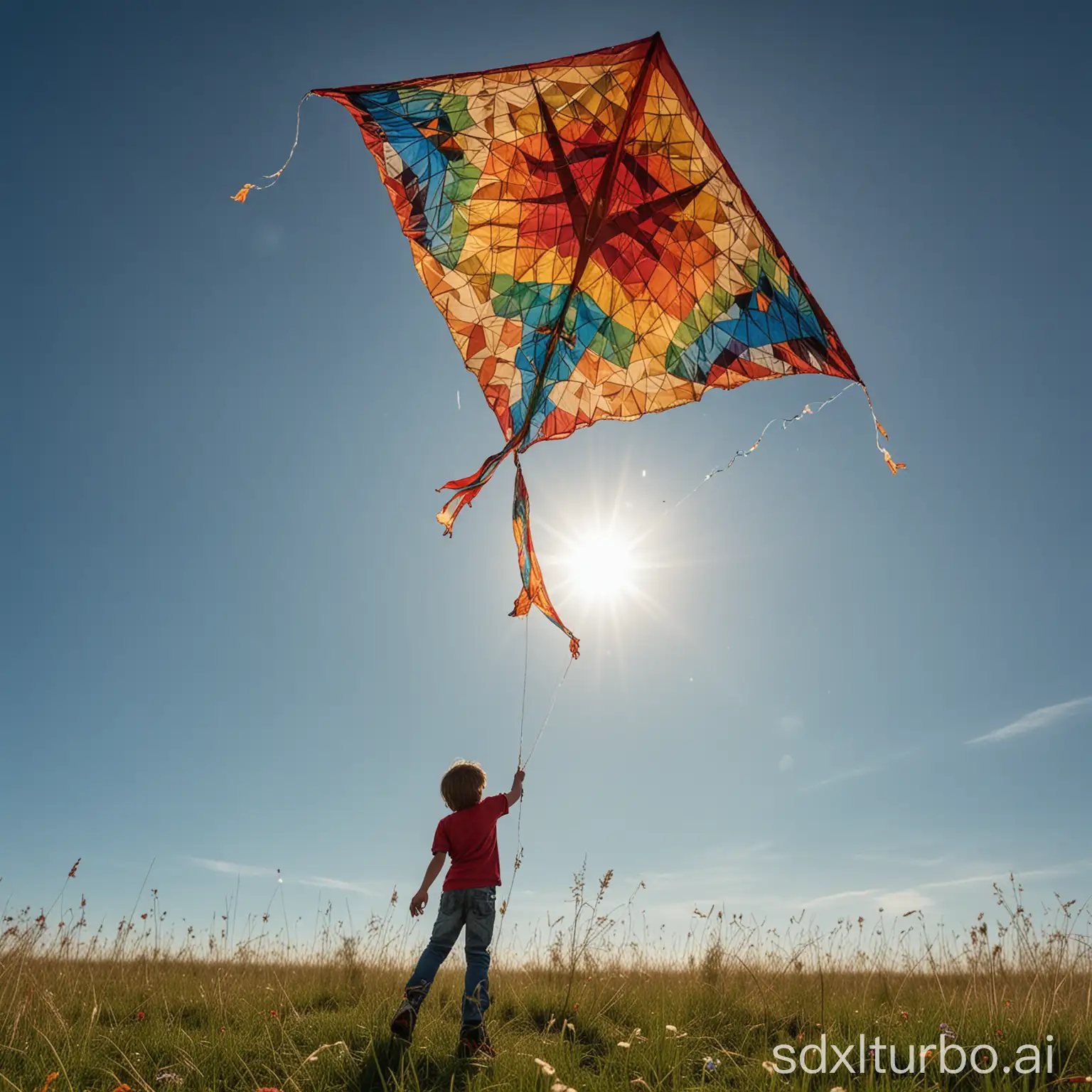 Children launch a multicolored kite into the clear azure sky, sunlight floods everything around with warm light, creating a feeling of freedom and joy, thanks to the detailed stitching of the kite fabric and intricate patterns of bright hues, made using Nikon D850 camera