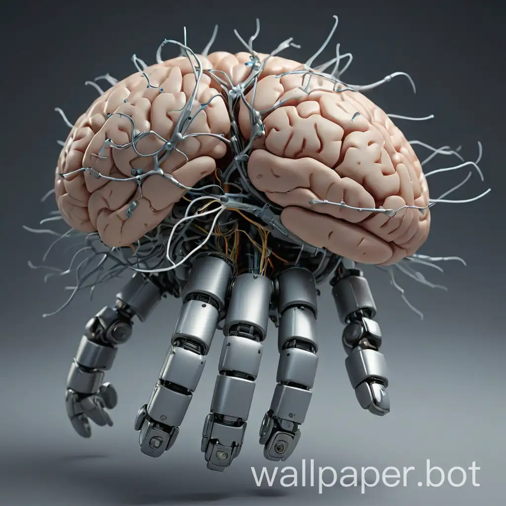 Мозг, пронизанный нейронами, соединёнными почти невидимой сетью, лежит на руке робота, которая кажется почти настоящей.