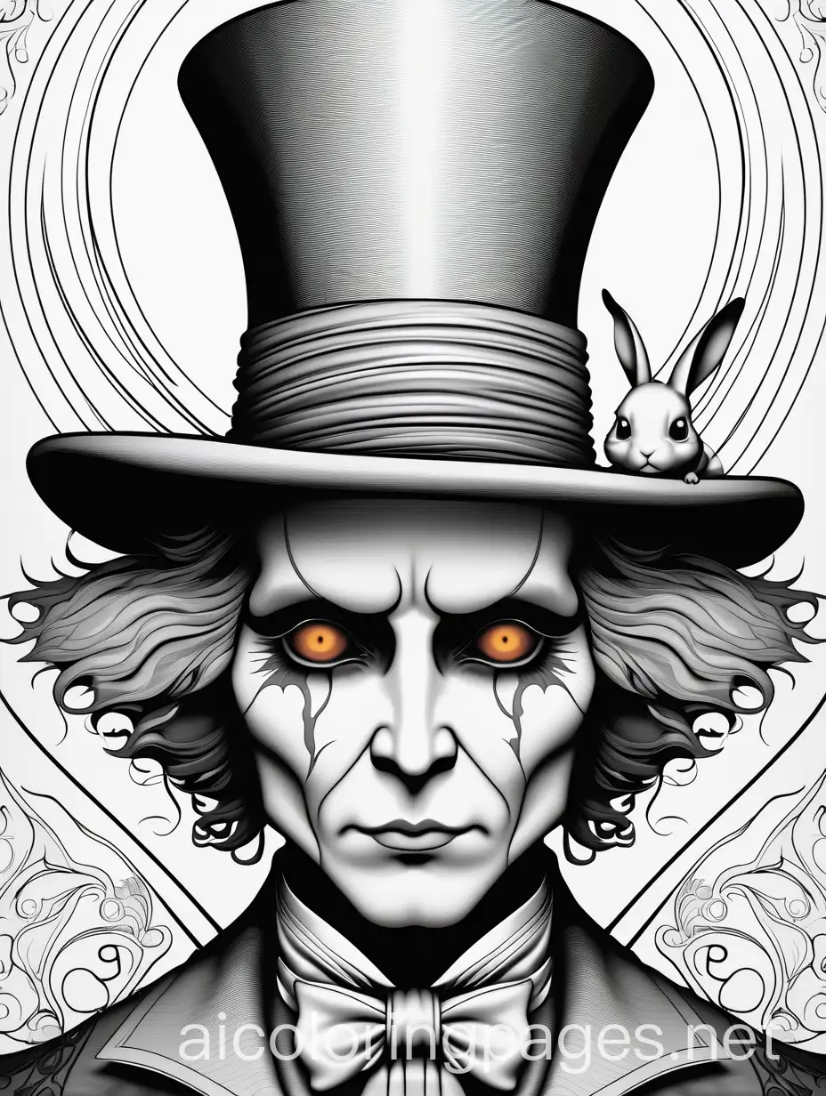 create a coloring book in surrealistic style of nicoletta ceccoli and mark ryden,  a drawing of a close up of face a scary and creapy old Mad Hatter WITH DEAD March Hare, undead, highly detailed, lee bermejo, kim jung gi,  hi - fructose art magazine, innsmouth, very smooth shading techniques, still from animated horror movie, eyeballs, cuted ears, mutated face,  death, rot, by Yang Jin, cb, Coloring Page, black and white, line art, white background, Simplicity, Ample White Space. The background of the coloring page is plain white to make it easy for young children to color within the lines. The outlines of all the subjects are easy to distinguish, making it simple for kids to color without too much difficulty