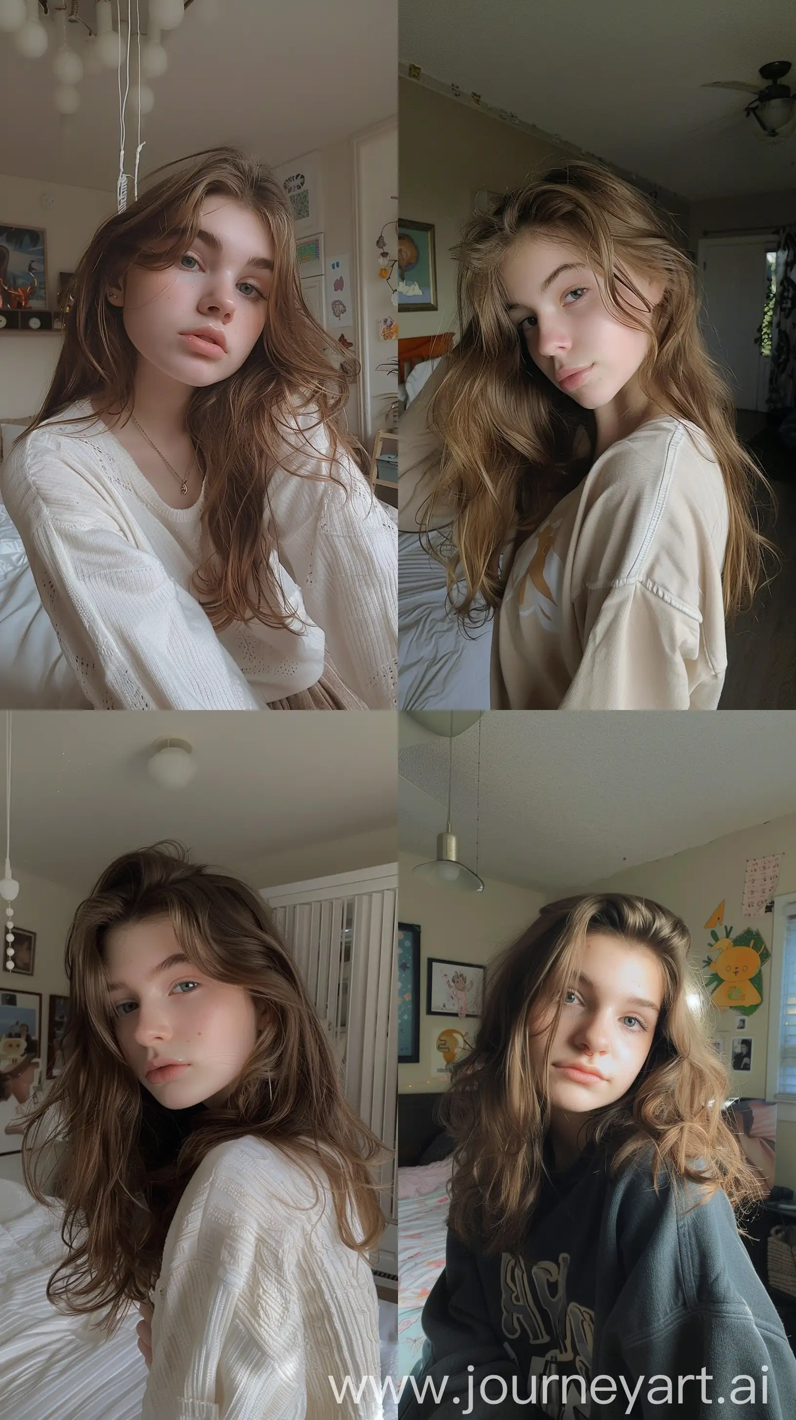 Aesthetic Instagram selfie of an average teenage girl, wide set, in bedroom, profile throw face away in room --ar 9:16