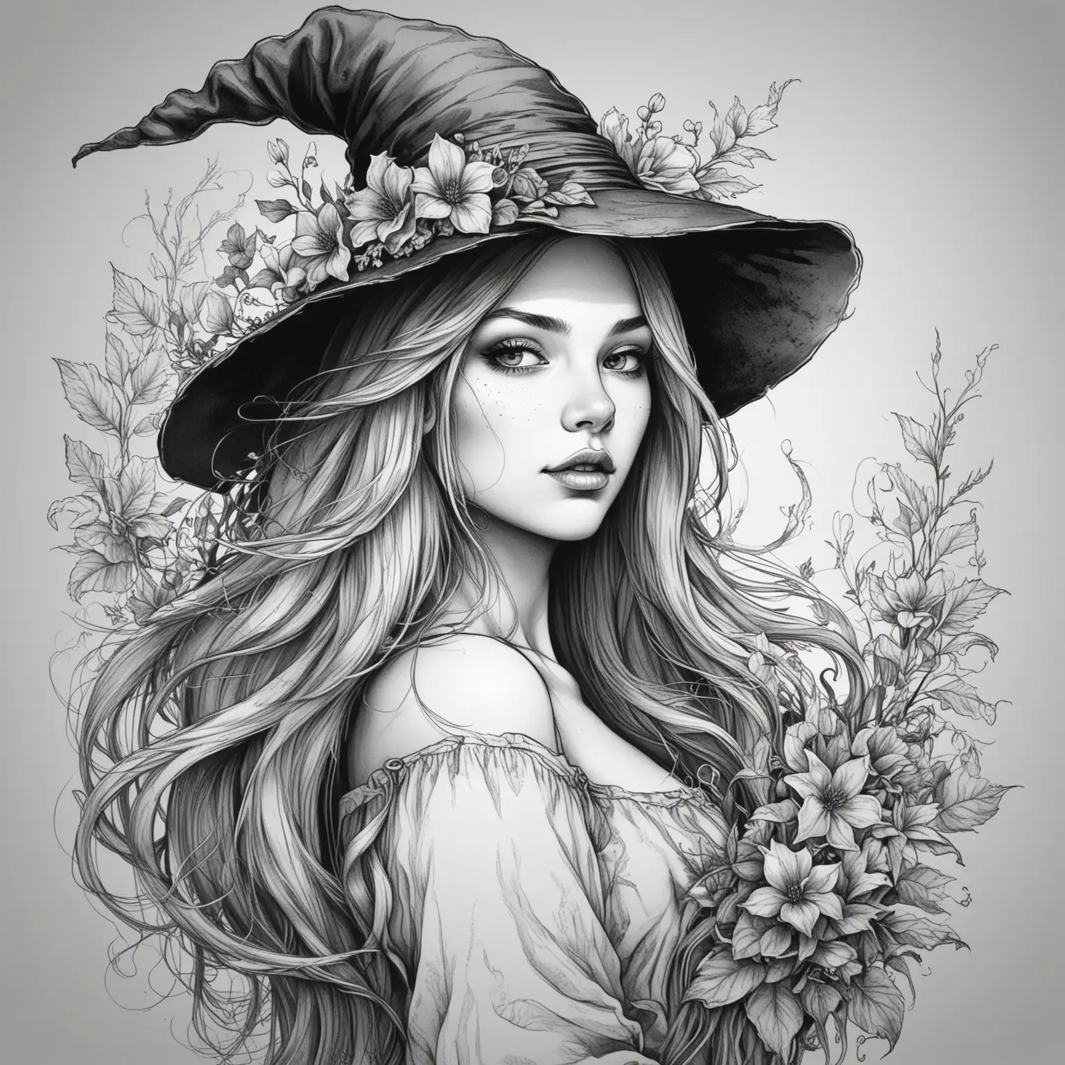 sketch outline female witch long hair with flowers, black and white