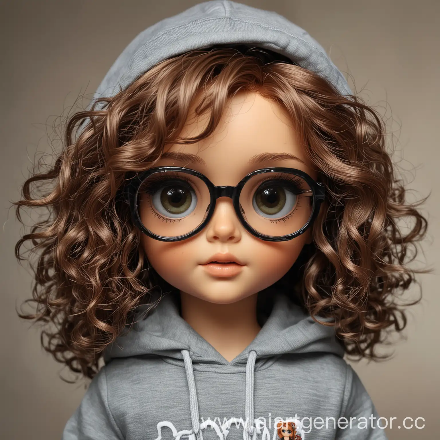 Doll-with-CurlyWavy-Brown-Hair-Large-GreenGrey-Eyes-and-Glasses-in-Gray-Hoodie