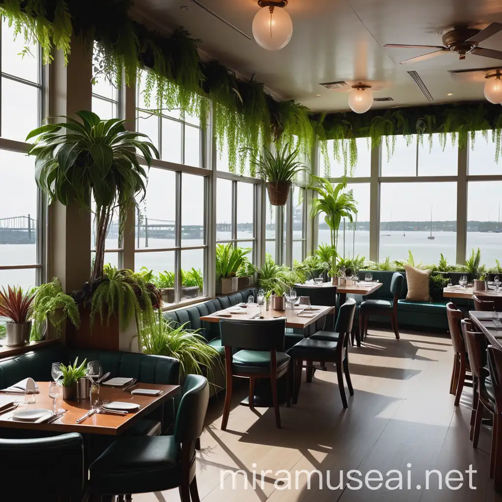 A restaurant dining room with lots of plants and big windows that look out onto a patio with water view 