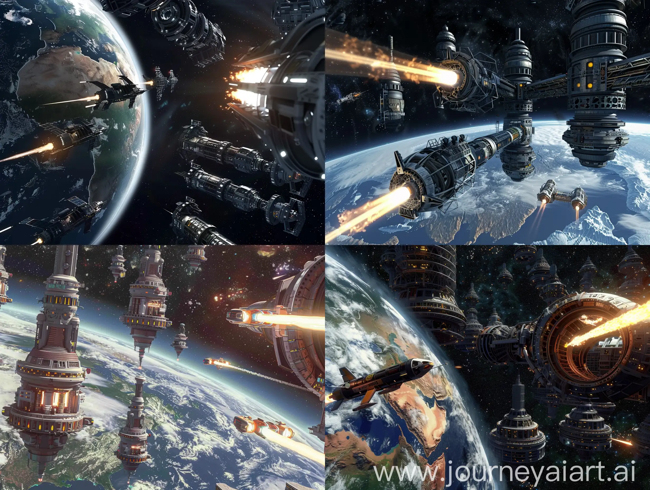 Spacecraft-Orbiting-Earth-Industrial-Steel-Bases-and-Spaceships-in-3D-Pixar-Animation-Style
