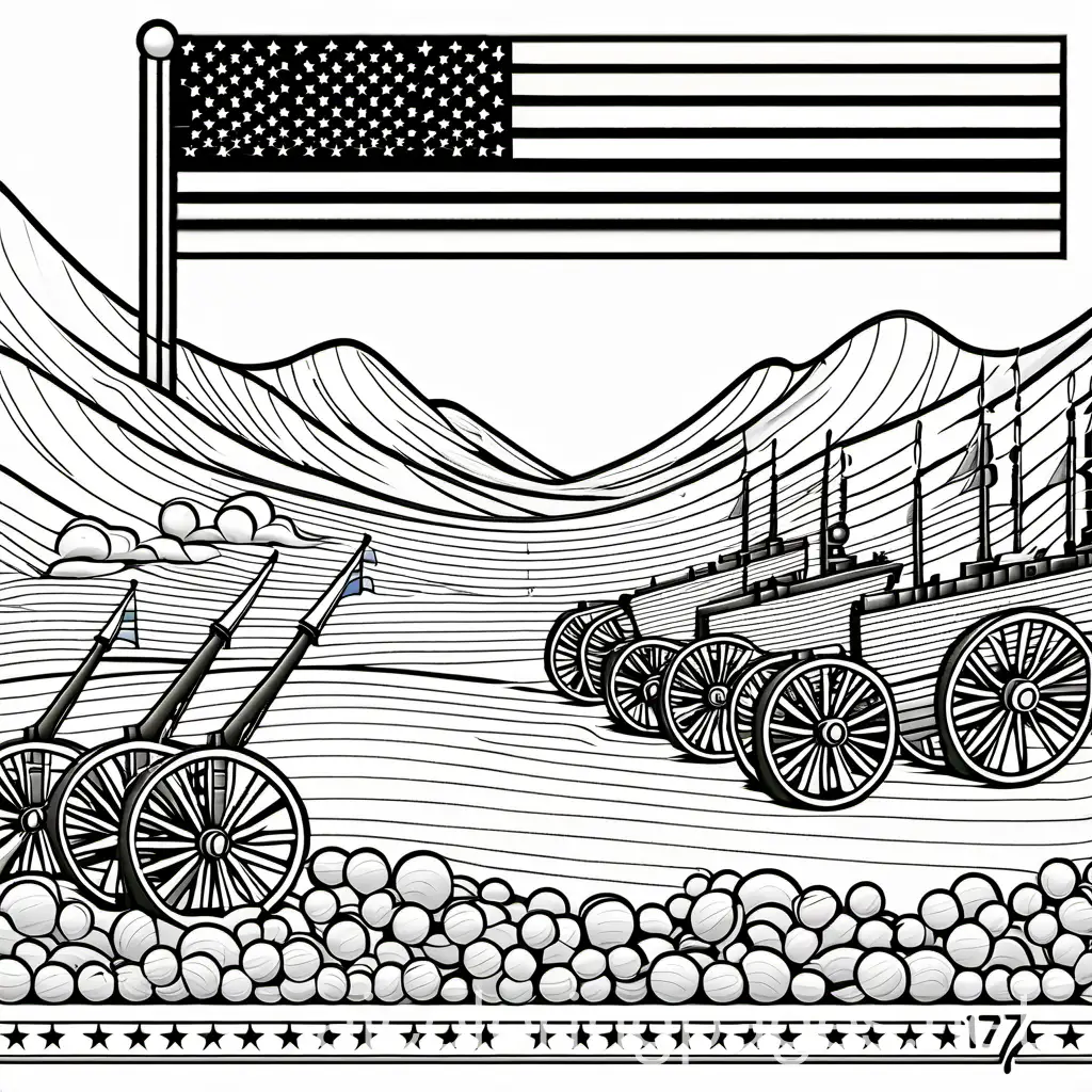 American coin with 1776 written inside with a scene of soldiers and cannons in the background, Coloring Page, black and white, line art, white background, Simplicity, Ample White Space. The background of the coloring page is plain white to make it easy for young children to color within the lines. The outlines of all the subjects are easy to distinguish, making it simple for kids to color without too much difficulty