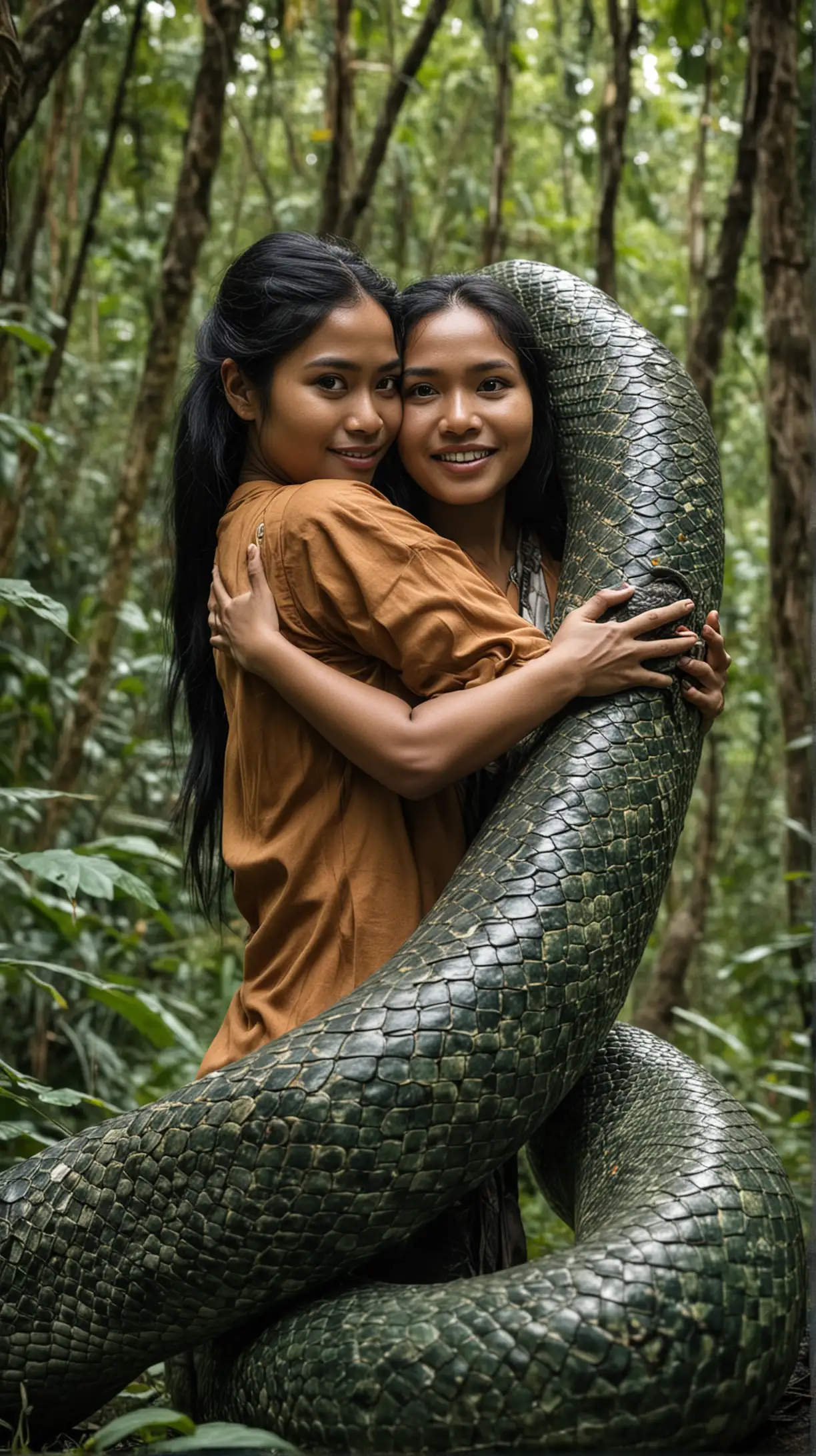 Indonesian woman hugging a giant snake in the forest