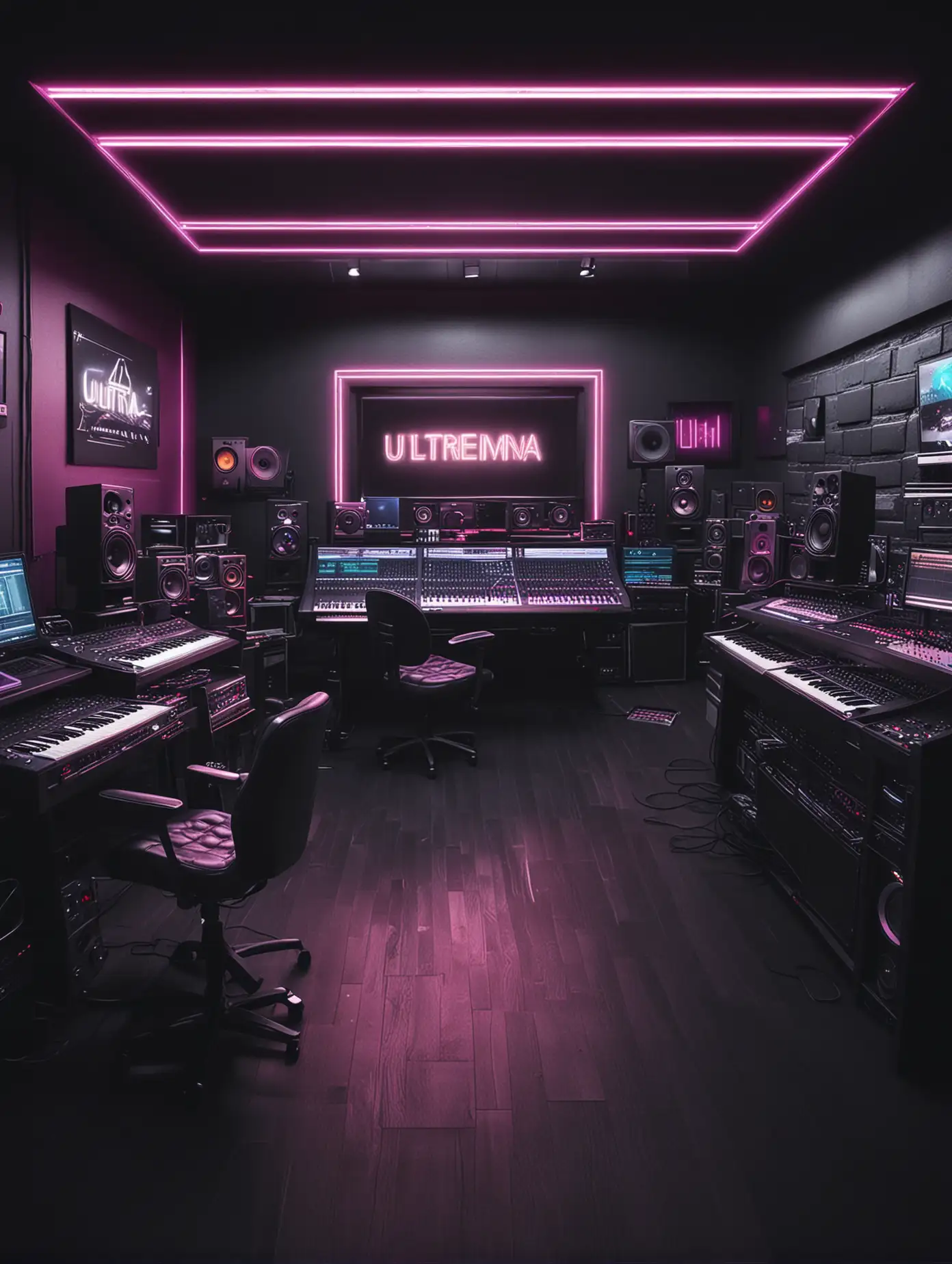 Ultra Realistic Recording Studio in Dark Neon Cinematic Lighting