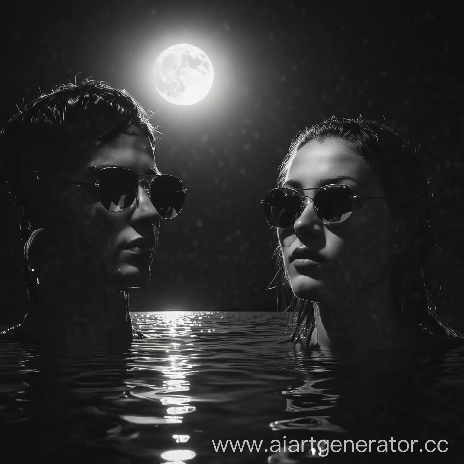 Black and white image featuring the illuminated heads of two individuals against a dark background. One wears sunglasses and the other has a partially obscured face with a piercing gaze. A full moon is prominently visible in the sky, casting light onto a reflective water surface below.