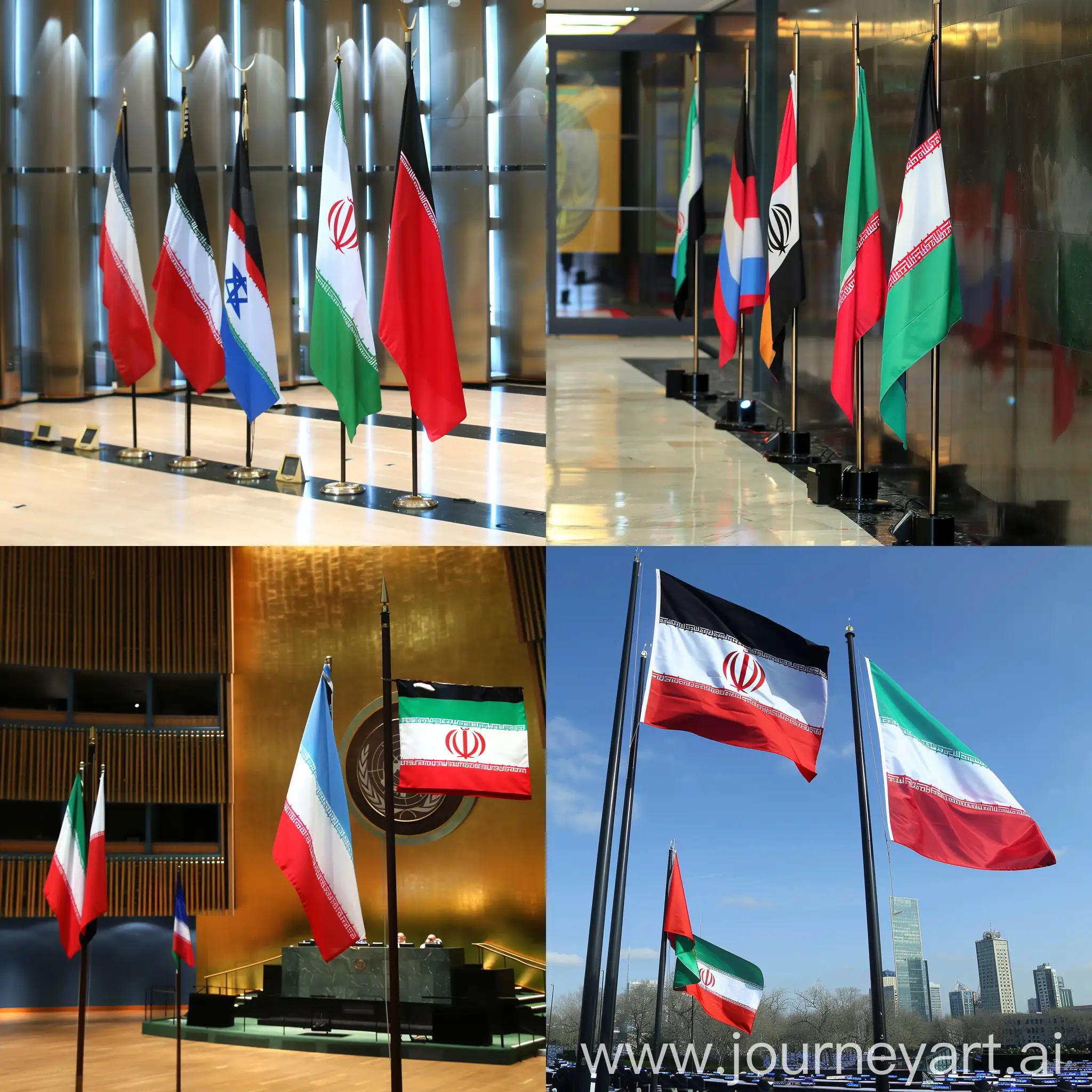 The flag of Palestine next to the flag of Iran in the United Nations next to the flags of other countries