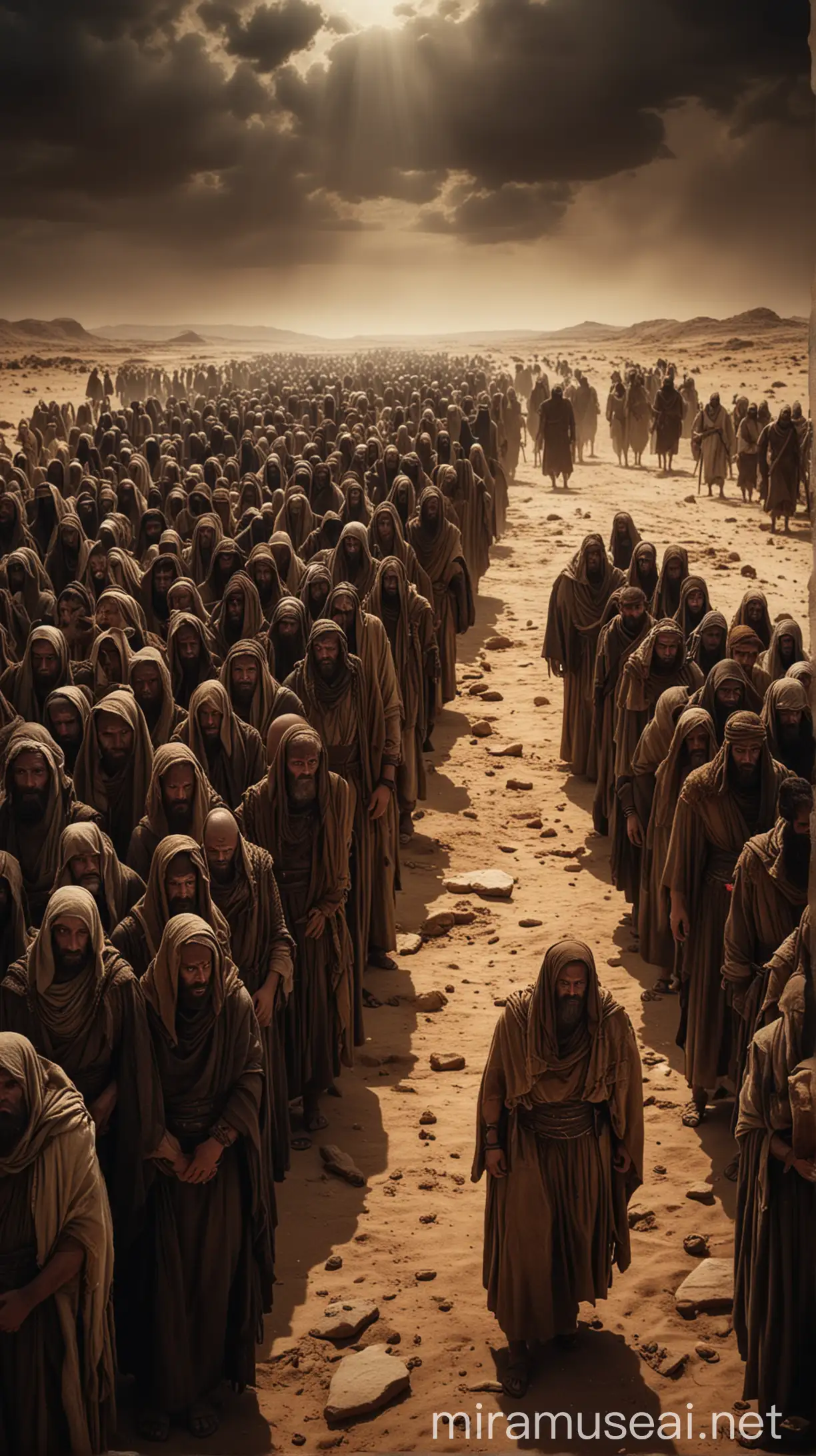 A dark and ominous scene with the 10 ancient men standing in front of the Israelites people , who are cowering in fear, in desert"In ancient world