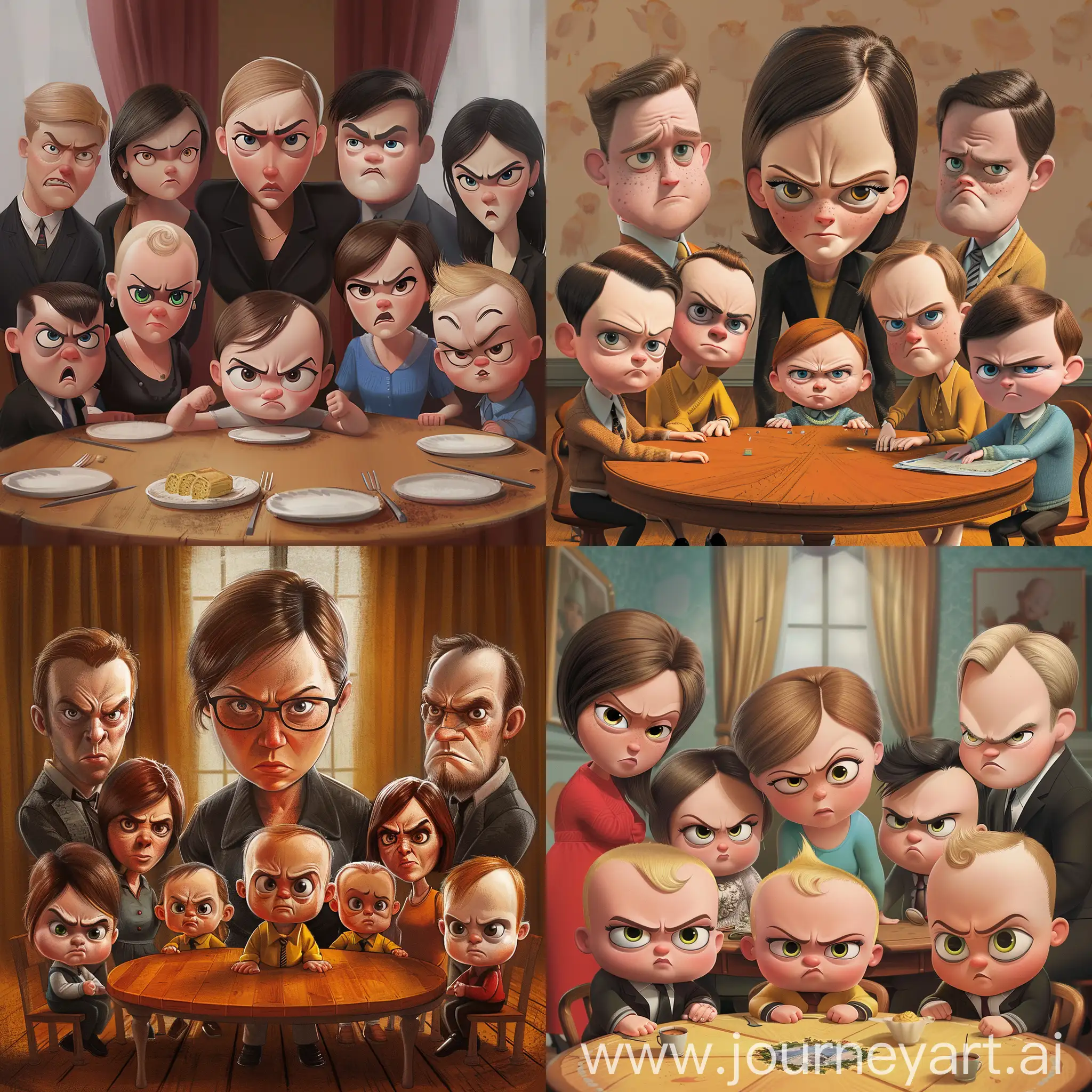 A group of 9 people including 5 women and 4 men around a round table.One of the women is an adult and the rest have the body of a child but the head and face of 20 to 30 years old. Something similar to the animation of the "Boss Baby". Everyone's face is serious and even a little angry.All these people are turned and looking at the camera.Please make it look like a caricature as much as possible.