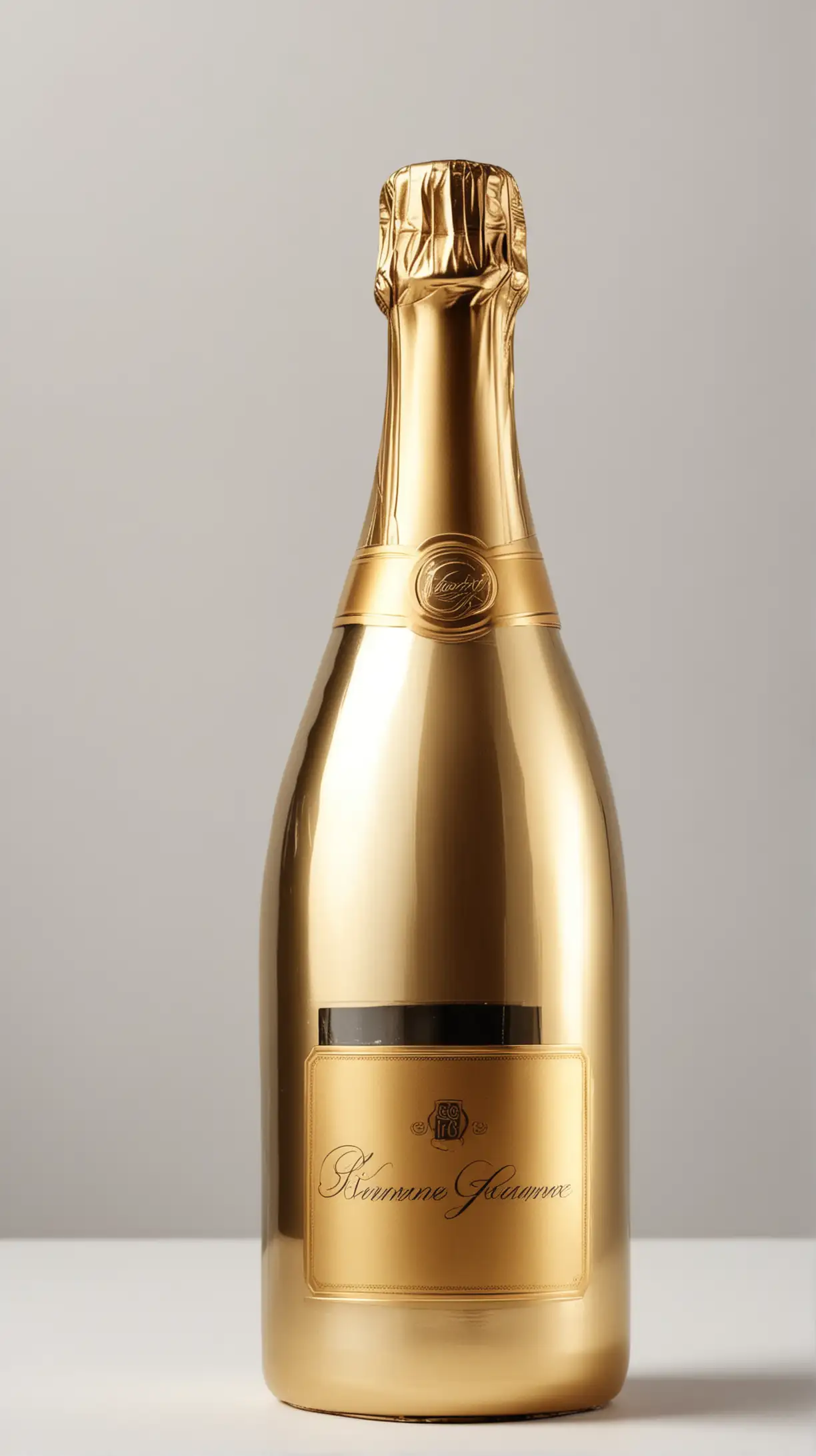 photo like gold bottle of champagne with a gold label, no words on the label, isolated on a solid white background