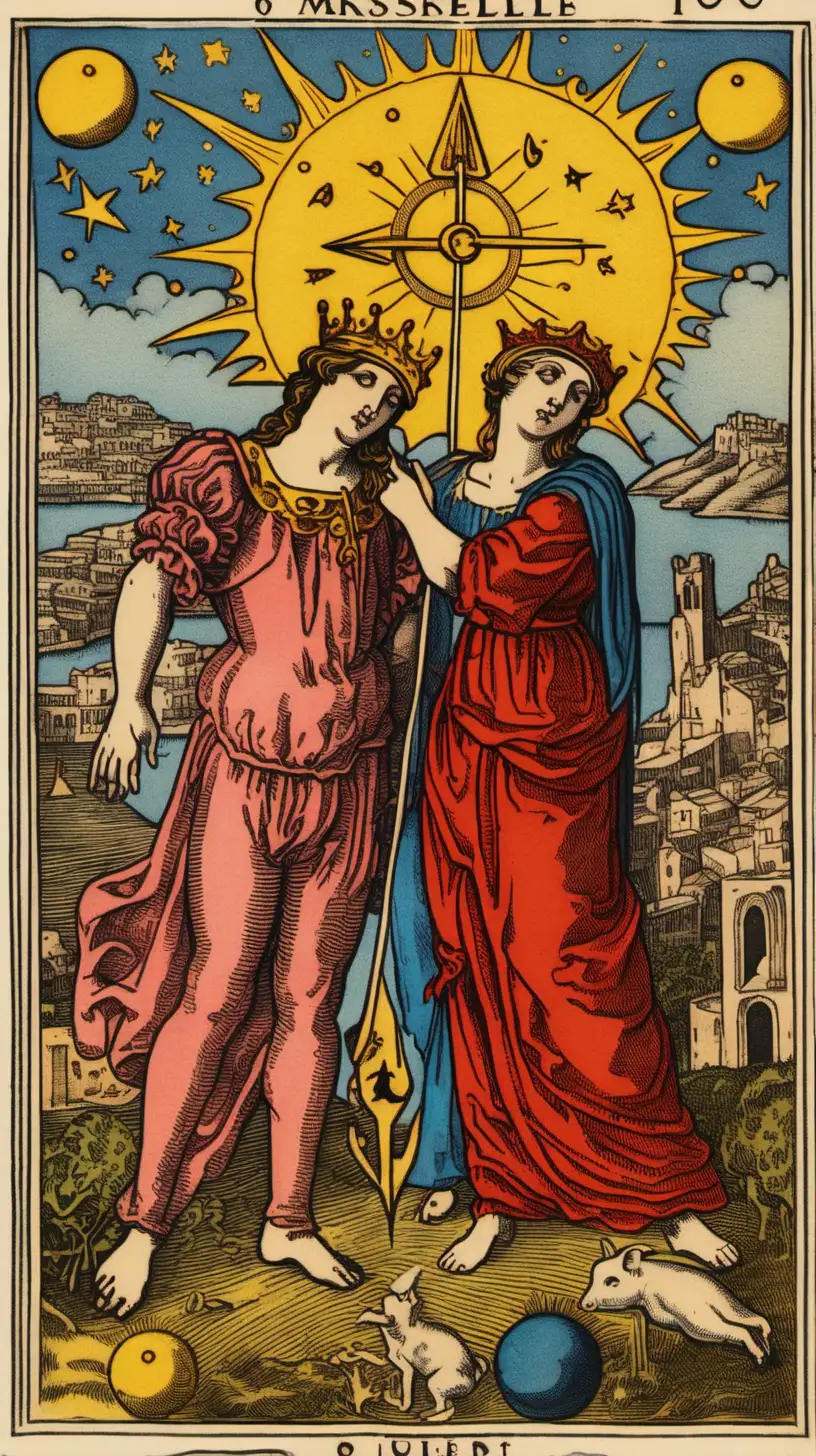 A Tarot card from the Marseille deck, bearing the number 6 in the upper left corner, depicts The Lovers Romeo and Juliet as two transvestites, above them Eros as a Pig pointing an arrow, the celestial bodies of the sun, moon, and stars illuminate the scene, one lover weeps while another exudes laughter, a triangular labyrinth features a sea of black milk.