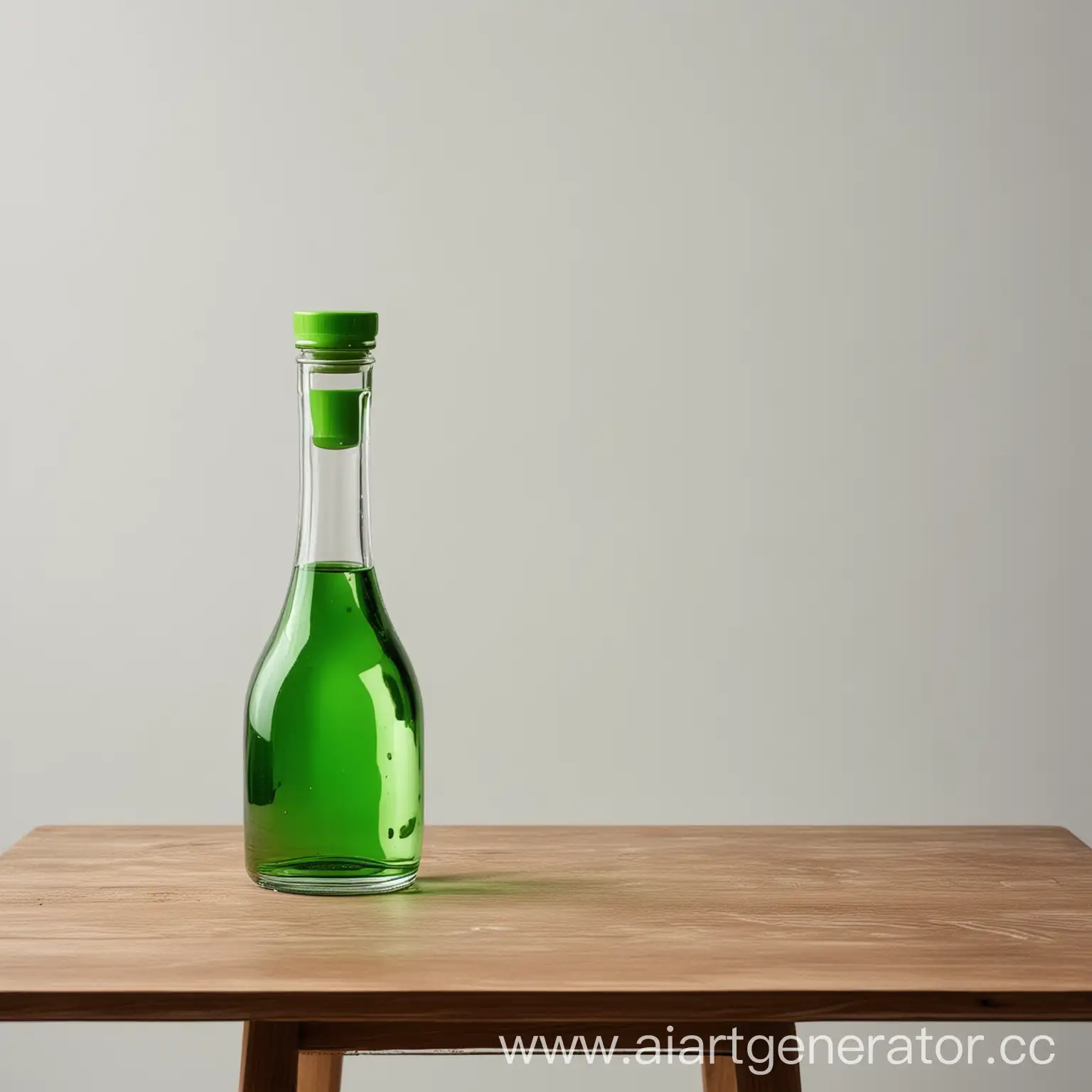Дизайнерская стеклянная  бутылка с ярко-зеленной жидкостью внутри стоит на столе на белом фоне, высококачественное  фото 
