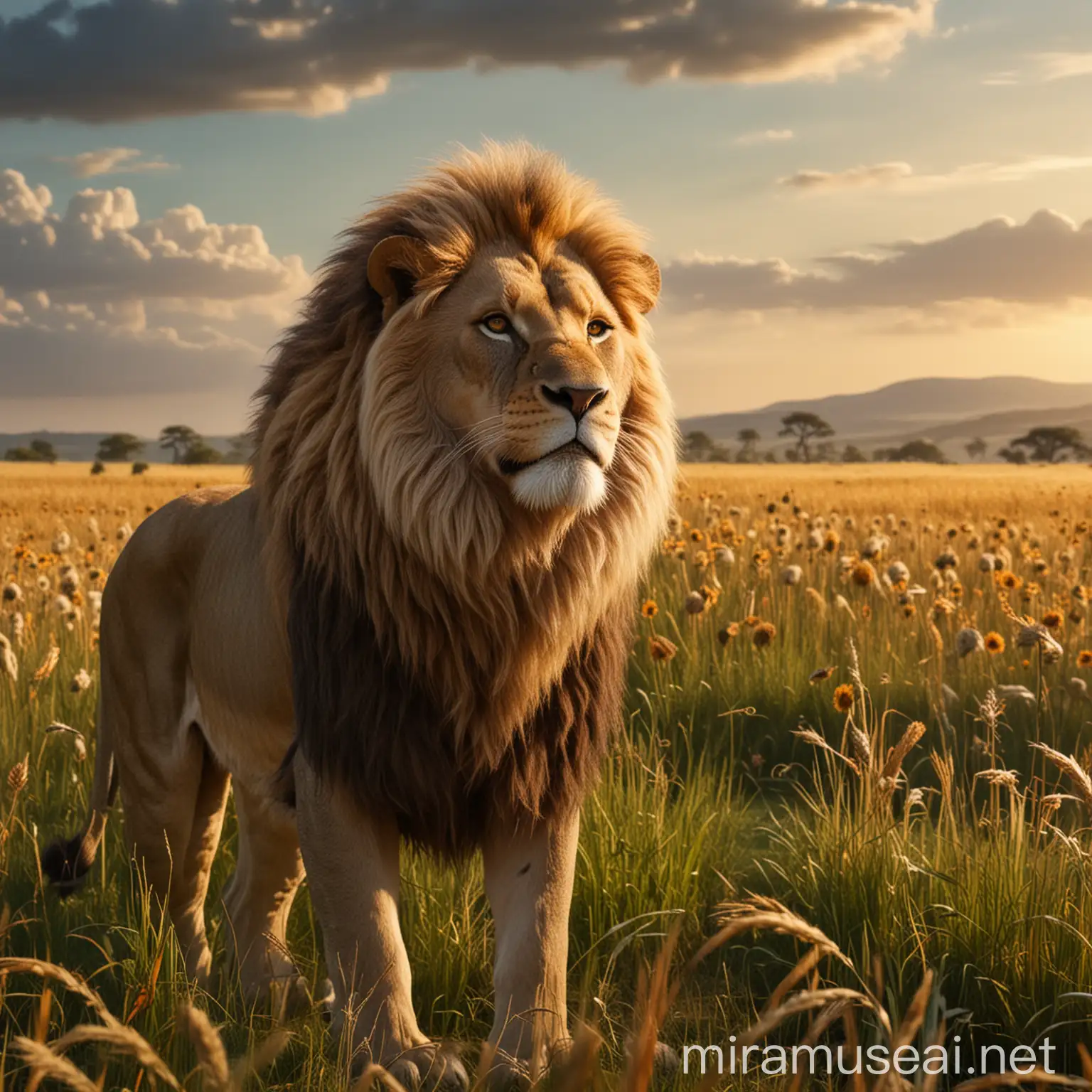 Wise Lion King Roaming Majestic Fields