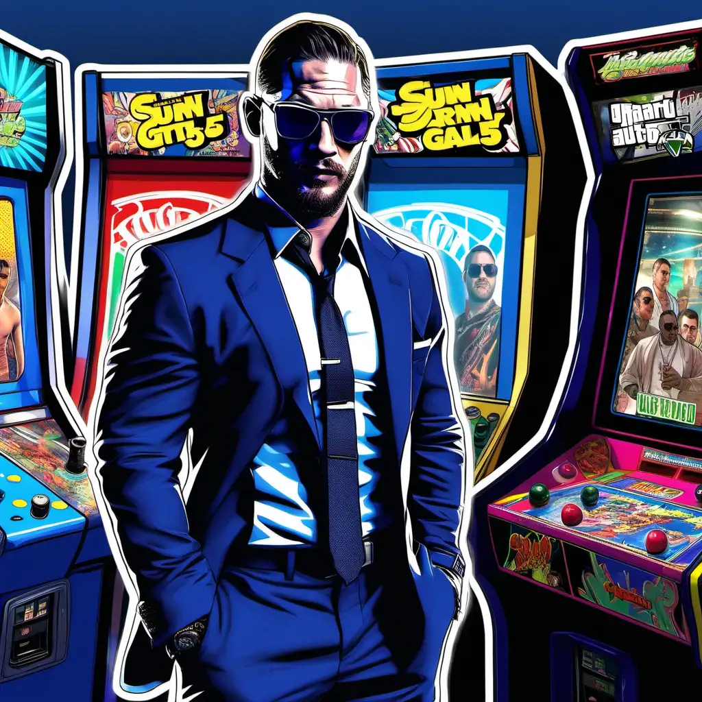 Tom Hardy, full body image, play on a arcade, blue light aura, wearing sun glasses, GTA 5 style artwork