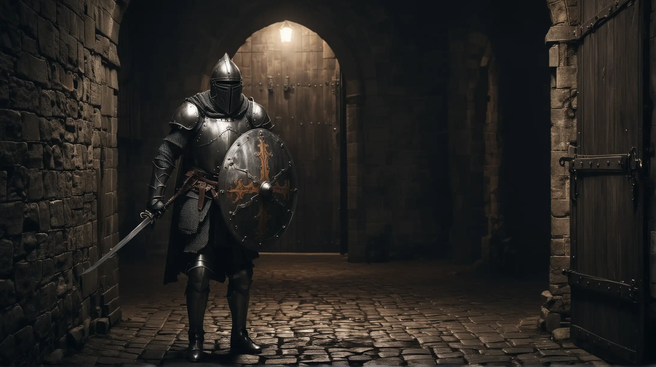Medieval Knight Guarding Castle Door at Sinister Night