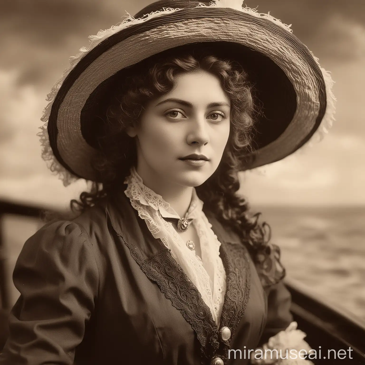 beautiful edwardian woman on the titanic in a large hat, realistic, vintage bw photograph