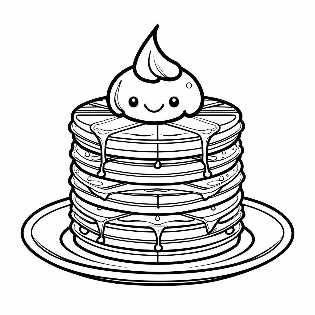 kawai themed cute Waffle: A waffle with syrup dripping down the sides and a joyful expression, Coloring Page, black and white, line art, white background, Simplicity, Ample White Space. The background of the coloring page is plain white to make it easy for young children to color within the lines. The outlines of all the subjects are easy to distinguish, making it simple for kids to color without too much difficulty., Coloring Page, black and white, line art, white background, Simplicity, Ample White Space. The background of the coloring page is plain white to make it easy for young children to color within the lines. The outlines of all the subjects are easy to distinguish, making it simple for kids to color without too much difficulty