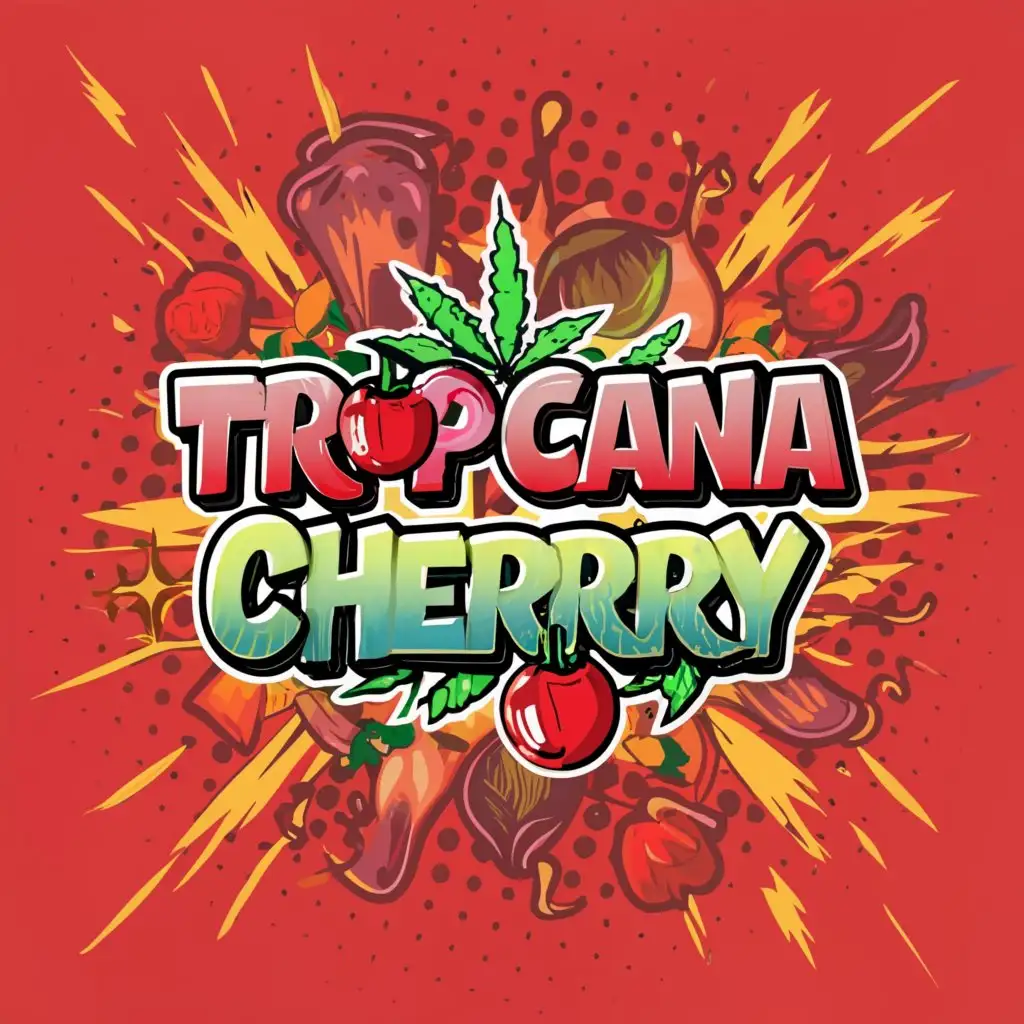 a logo design,with the text "TROPICANA CHERRY", main symbol:Tropical fruits , cherry , ganja , Spanish , comic style ,complex,be used in Others industry,clear background