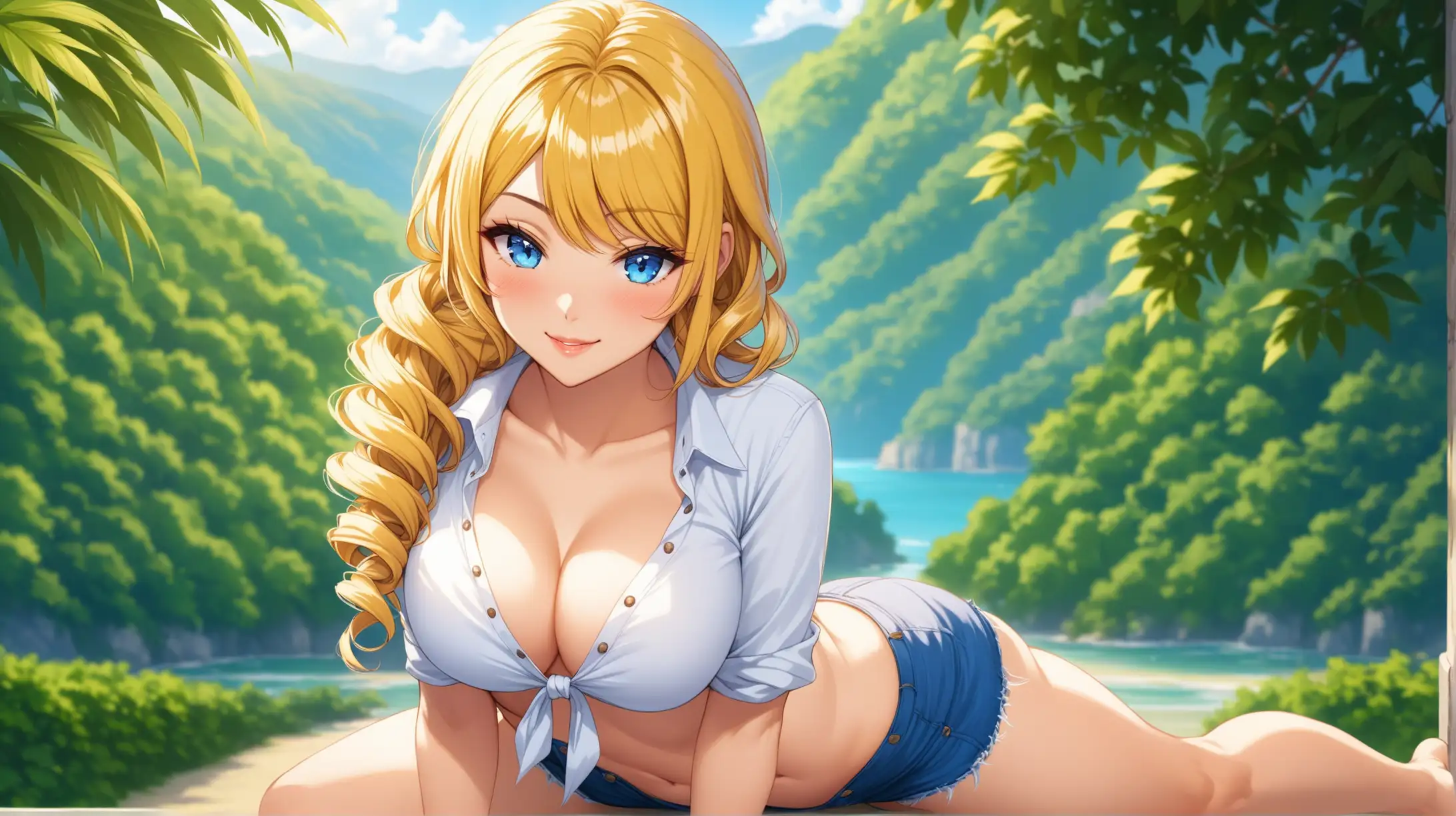 Draw the character Navia, long, blonde, drill hair, blue eyes, high quality, natural lighting, long shot, outdoors, seductive pose, casual outfit, revealing, smiling at the viewer