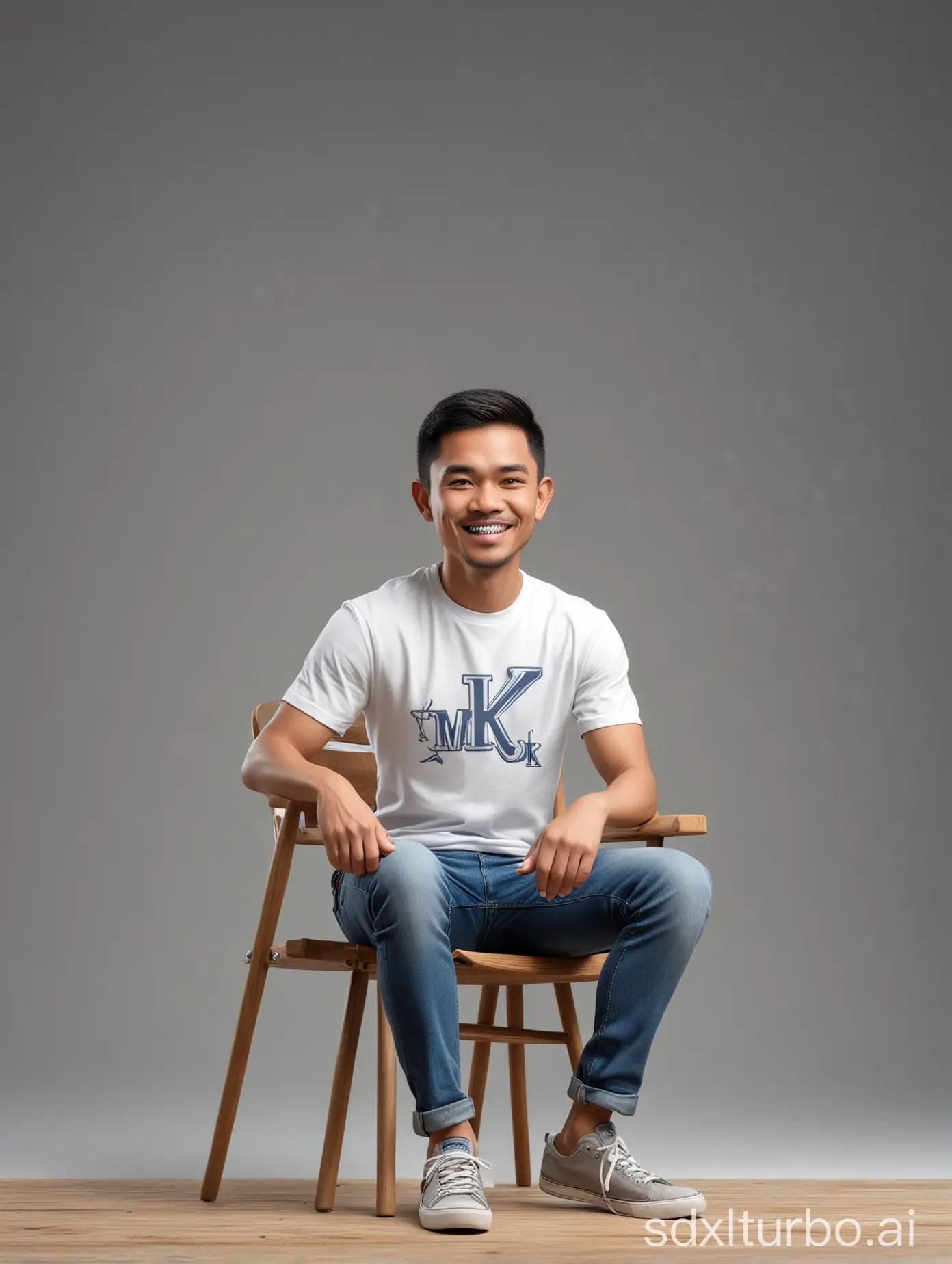 Realistic 4D caricature of an Indonesian man aged 30yo, short hair, wearing a simple shirt with letter 'MK studio', blue jeans, sneaker shoes, sitting on a wood chair with his right hand holding a steaming cup, grey gradient background