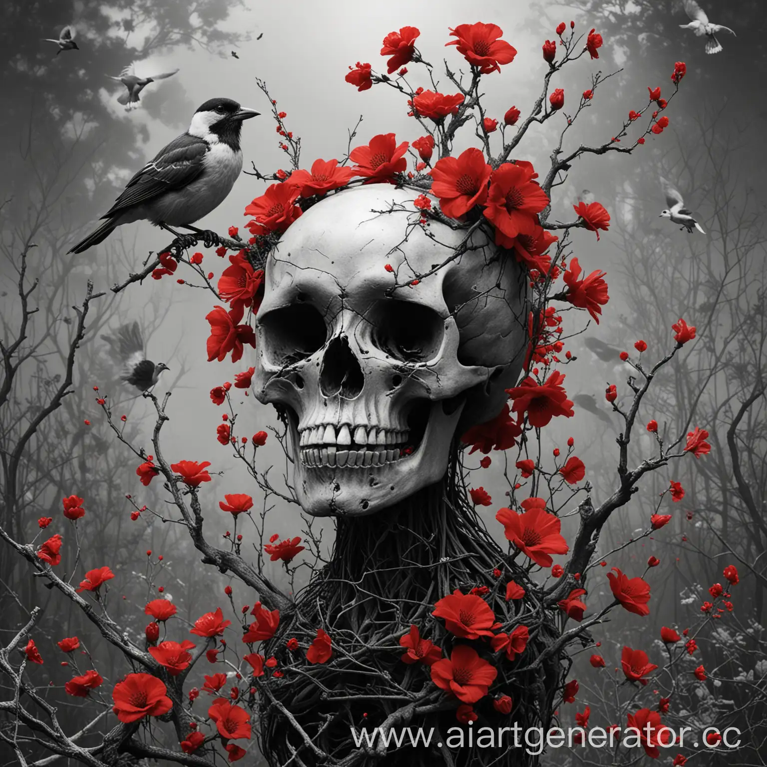 Skullheaded-Bird-Perched-on-Withering-Branch-Eerie-Album-Cover-Art