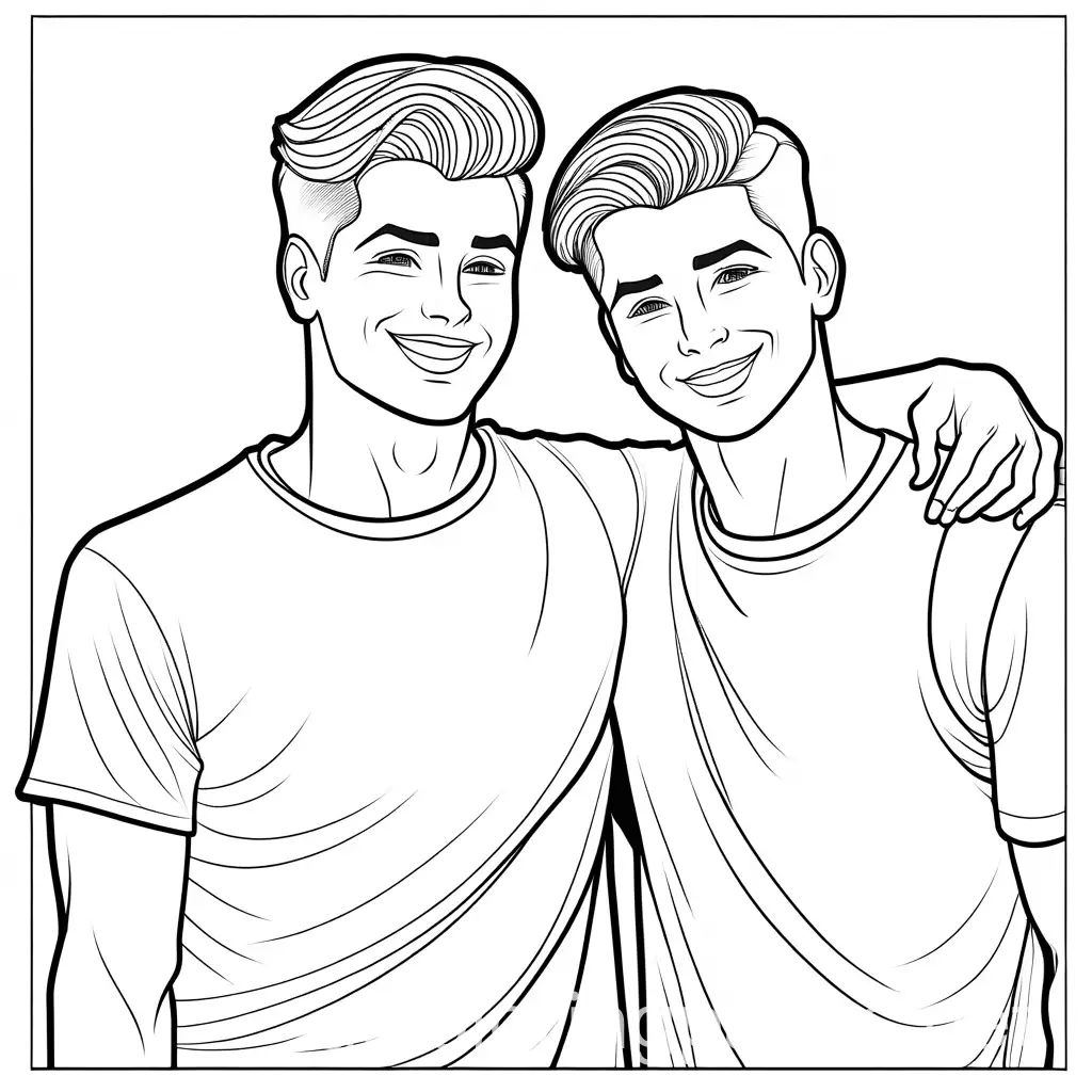 Young 
gay couple, one protective and other giggling at the protective one, Coloring Page, black and white, line art, white background, Simplicity, Ample White Space. The background of the coloring page is plain white to make it easy for young children to color within the lines. The outlines of all the subjects are easy to distinguish, making it simple for kids to color without too much difficulty