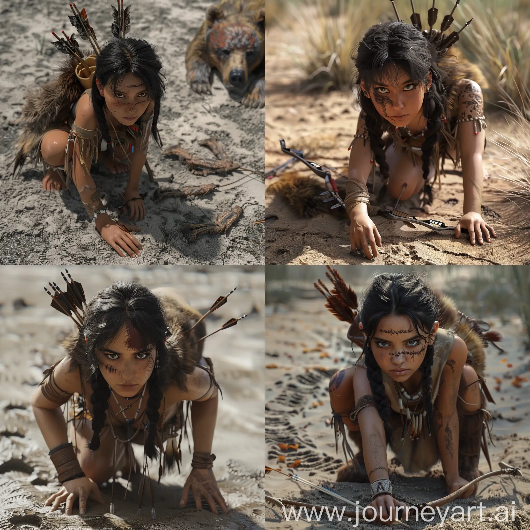 In the style of 3d model UE5, the girl is Native American, dark hair a little unkemptly arranged in a braid, on the face of a scar from the left eyebrow to the right cheek from the claws, on the shoulders of the skin of a bear, behind the back of a quiver of arrows, in the hands of a bow and arrow, crouched on the ground, examines the tracks