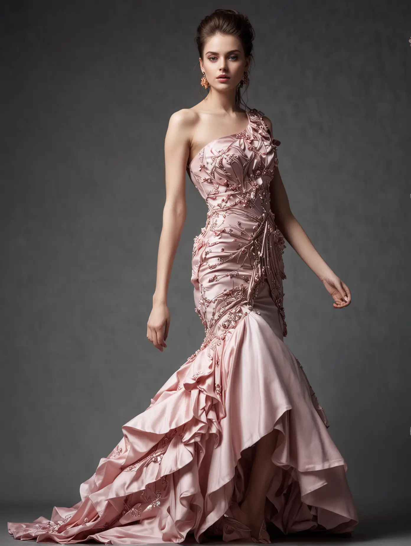 Невероятной красоты модель в эксклюзивном ассиметричном дизайнерском платье