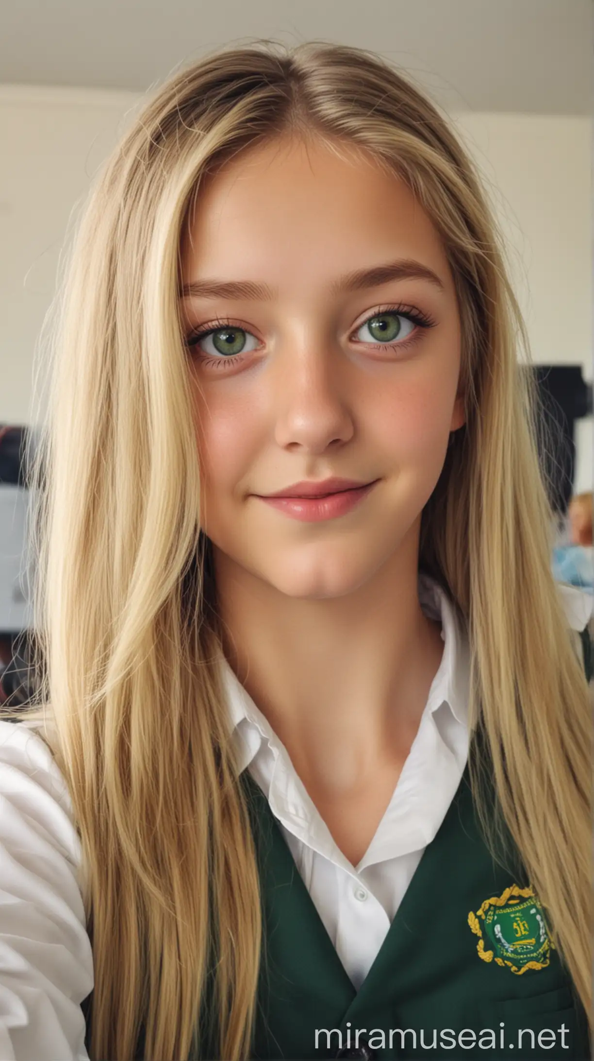 Teenage Girl with Blonde Hair Taking Selfie in Classroom Full of People