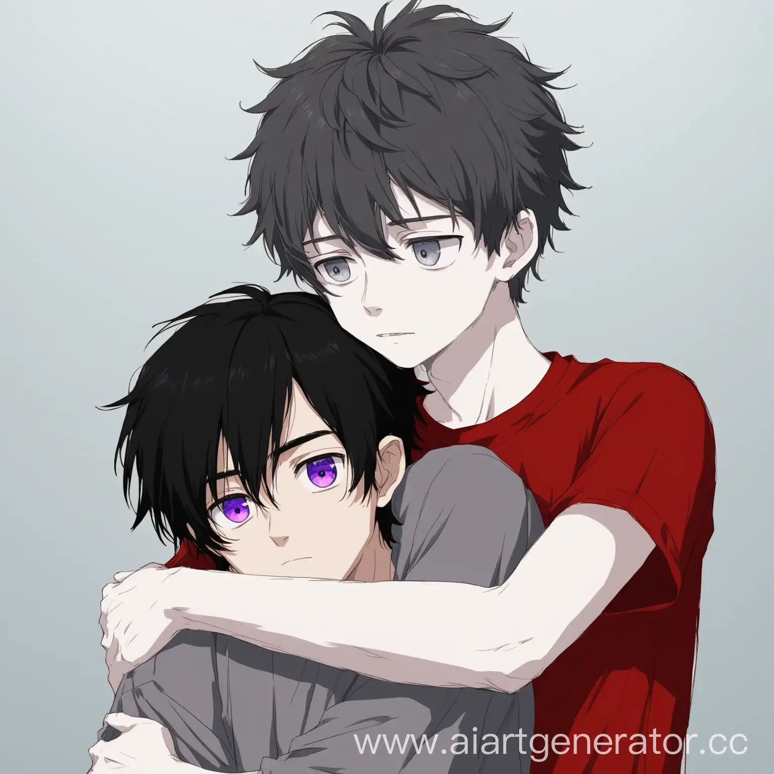 Teenage-Boy-Embracing-GrayHaired-Friend-in-Red-Shirt