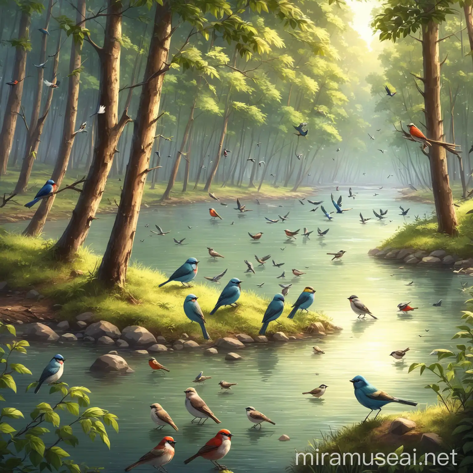 Birds in Forest Near River