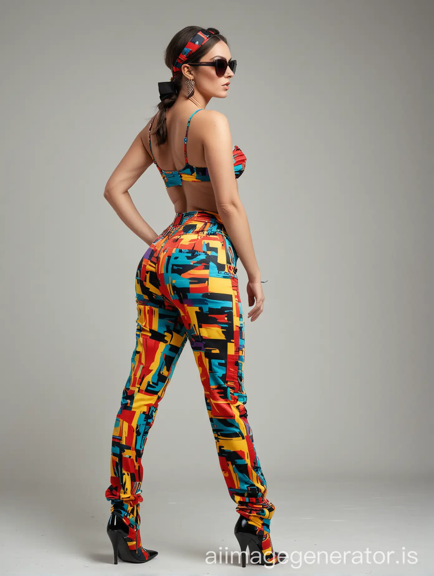 cinematic full body back view photography, French model in abstract red,teal, yellow and purple oversized tight pants,and same loose bra high heel boots, black sunglasses, headband on black silky hairs,against solid white background, very beautiful face, big booty shot on Hasselblad X1D II