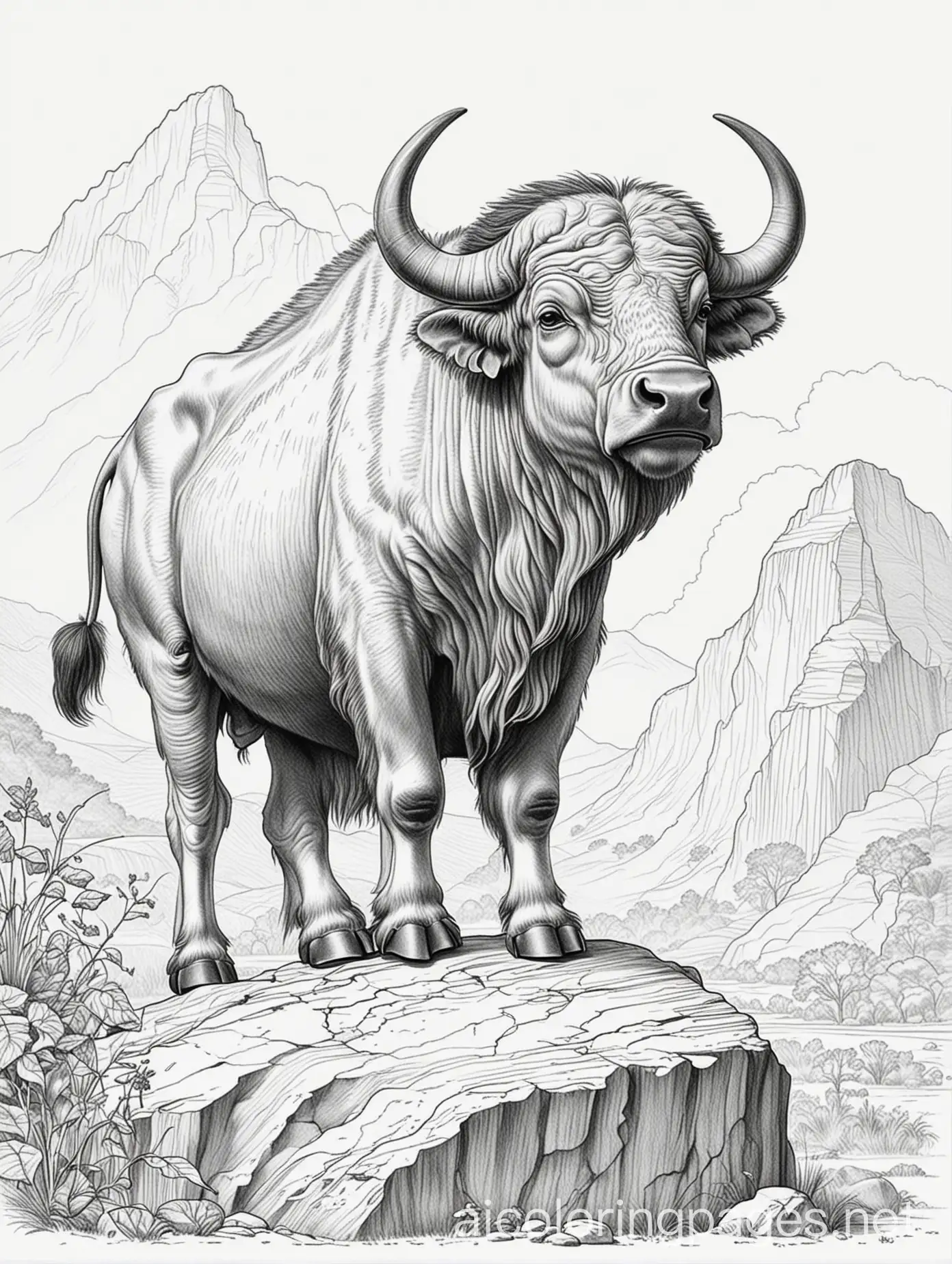 African-Buffalo-Roaring-on-Rock-Coloring-Page-Black-and-White-Line-Art