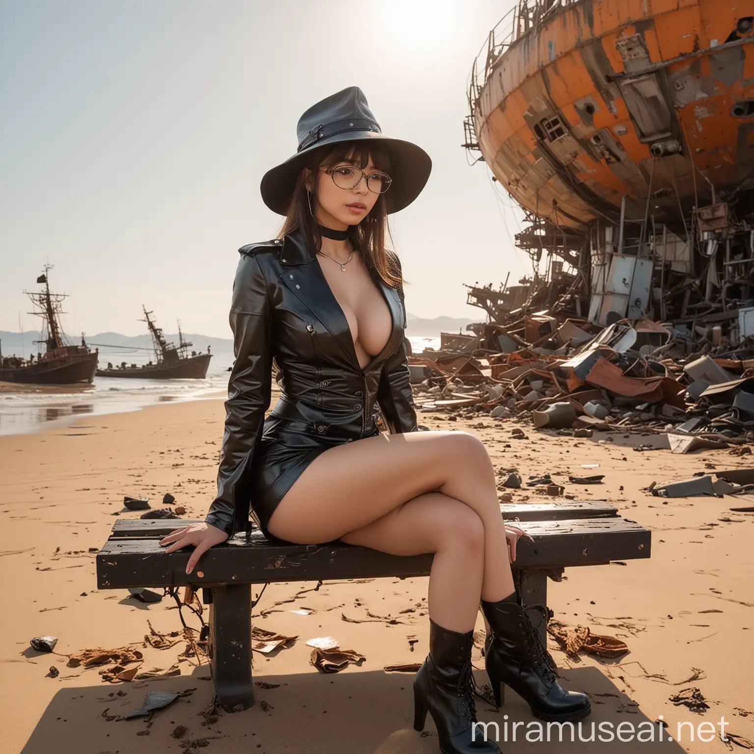 Alex, now a singular fusion of Mia Khalifa and Hitomi Tanaka, found herself in a surreal setting. The desolate beach, covered in metallic debris and abandoned ships, was the beginning of your journey in a world that mixed reality with elements of the Fallout games and the exuberant 80s.
  ((Her skin had a tan tone)), Her eyes, almond-shaped and deep, Alex lifted herself off the ground after a few attempts, due to the large breasts she got from Hitome Tanaka
Looking at the backpack he found next to him, Alex discovered a paper with his name on it: Mia Alex Tanaka, 21 years old, and her clothes were a latex corpet, a latex mini skirt, latex thigh-high boots, long latex gloves, an open latex jacket.
Determined to unravel the mysteries of this retro-futuristic world, Alex adjusted her round glasses and steampunk-style latex witch hat and hoop earrings, preparing to explore beyond the beach. sitting cross-legged on a bench in a sexy way
As the sun set over the horizon, casting orange tones over the desolate landscape, showing the fusion of Mia Khalifa and Hitomi Tanaka